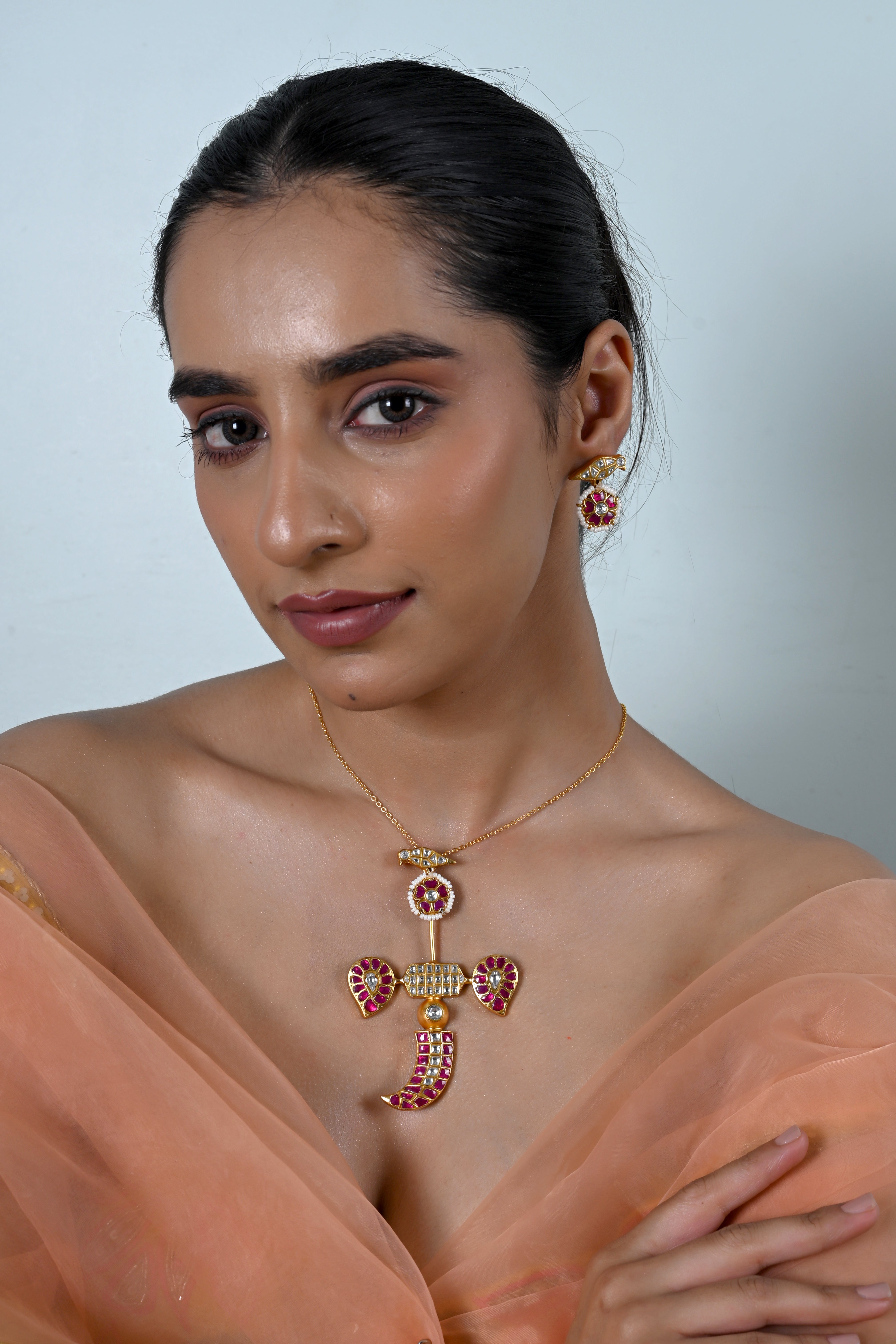 SJN1254- Pink And White Colour Gold Plated Jadau Kundan Temple Pendant with Earrings