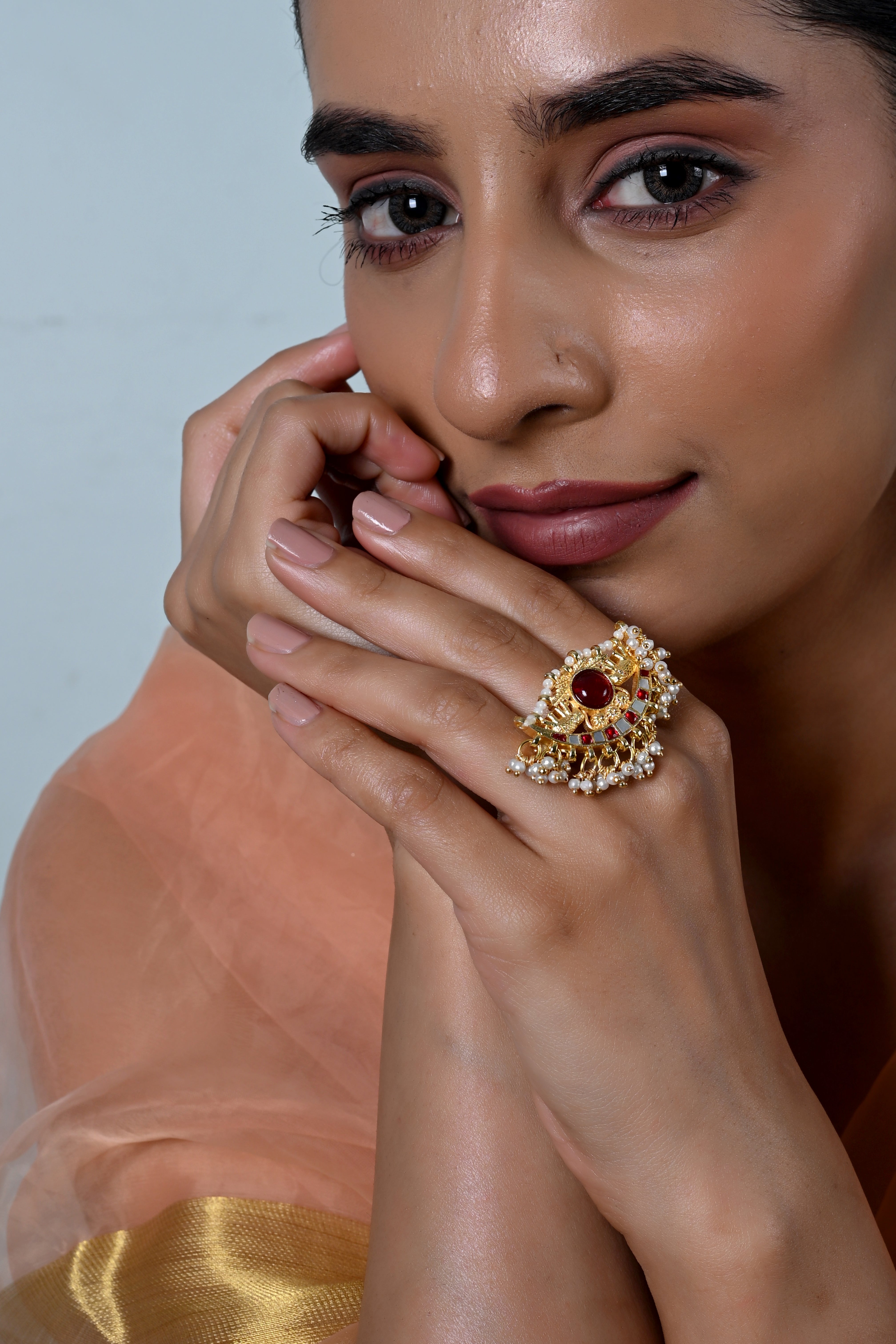 SJR0038- Red & White Colour Gold Plated Jadau Kundan Heritage Ring