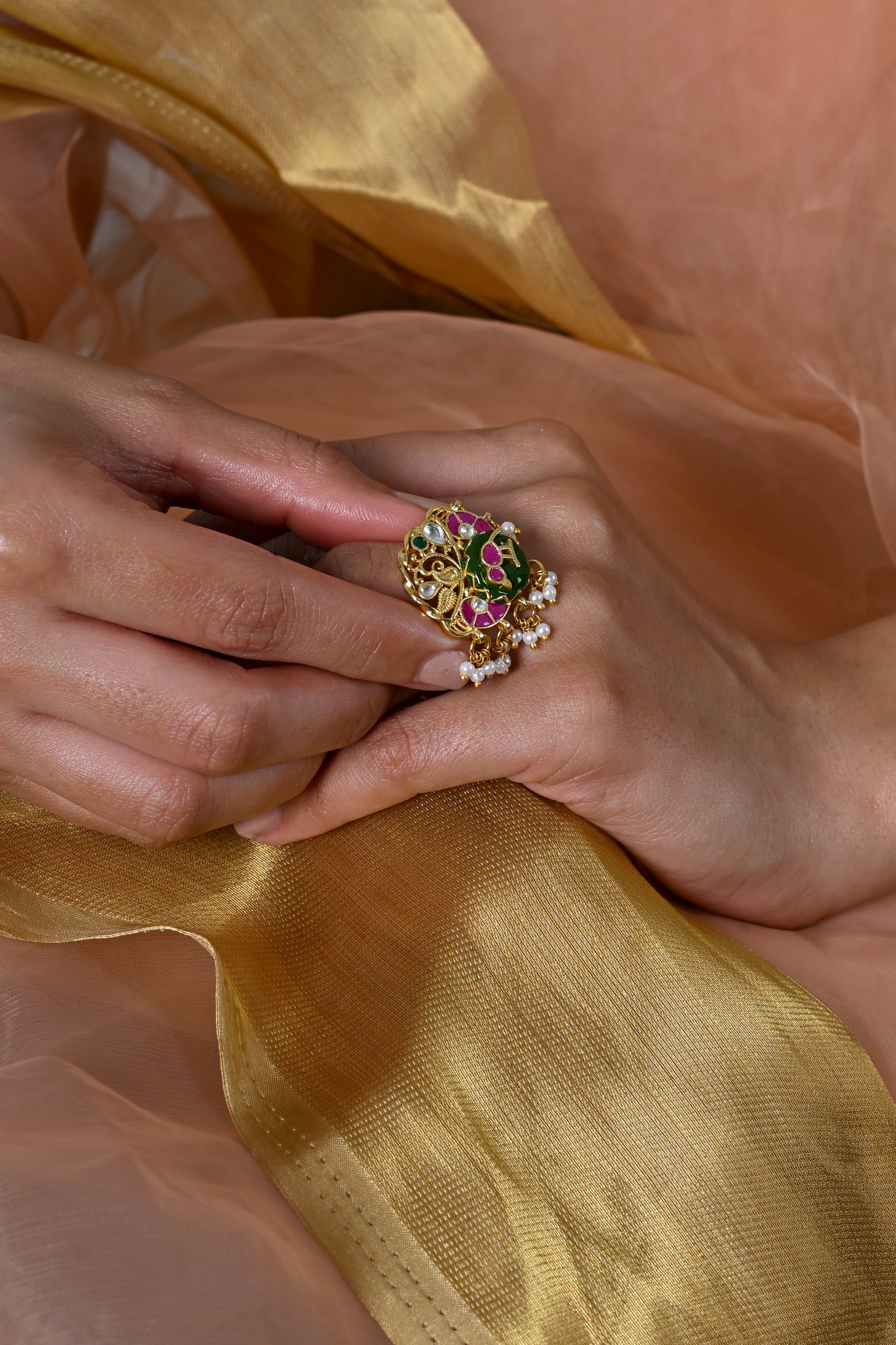 SJR0039- Multiolour Gold Plated Jadau Kundan Heritage Ring