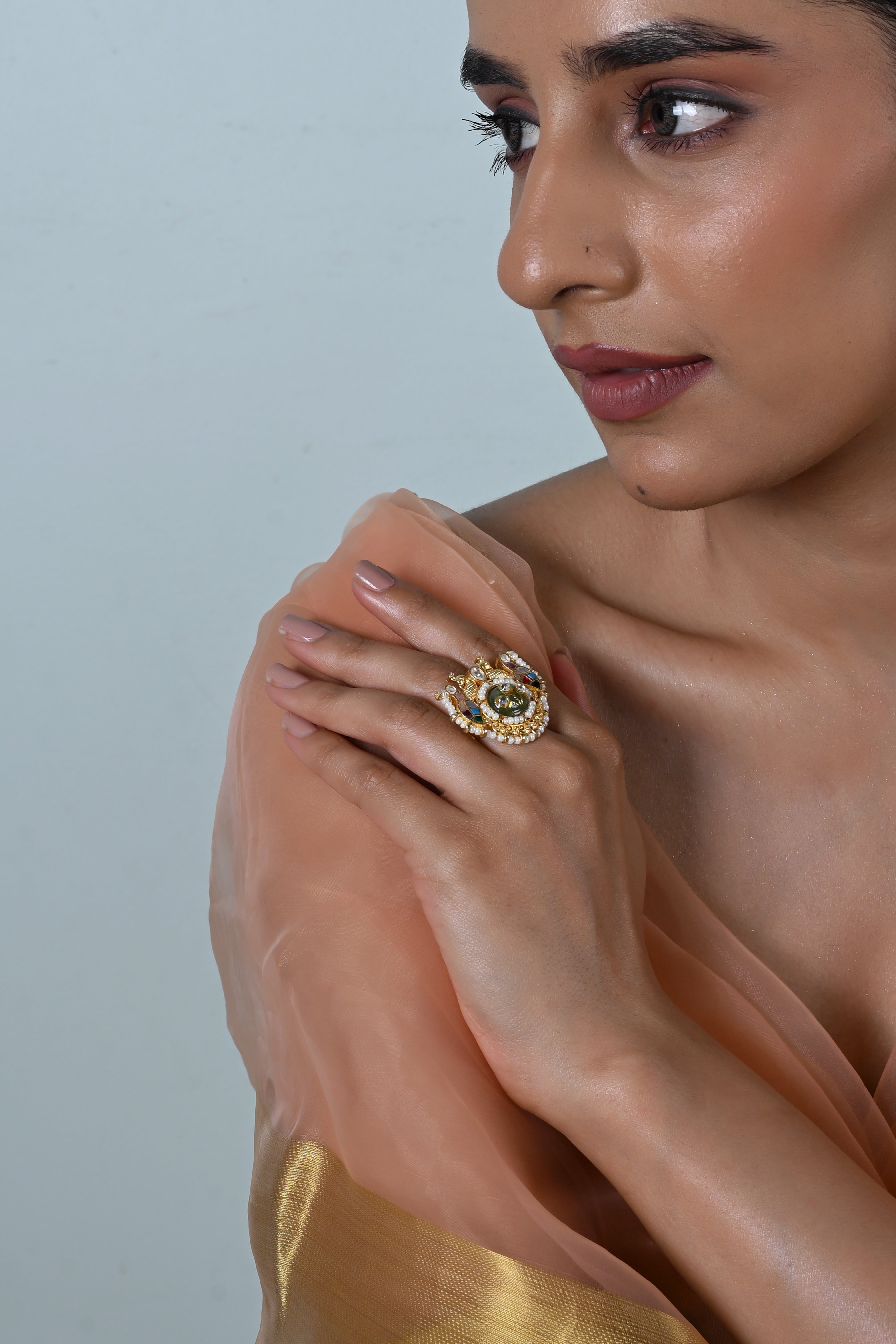 SJR0044- Multiolour Gold Plated Jadau Kundan Heritage Ring