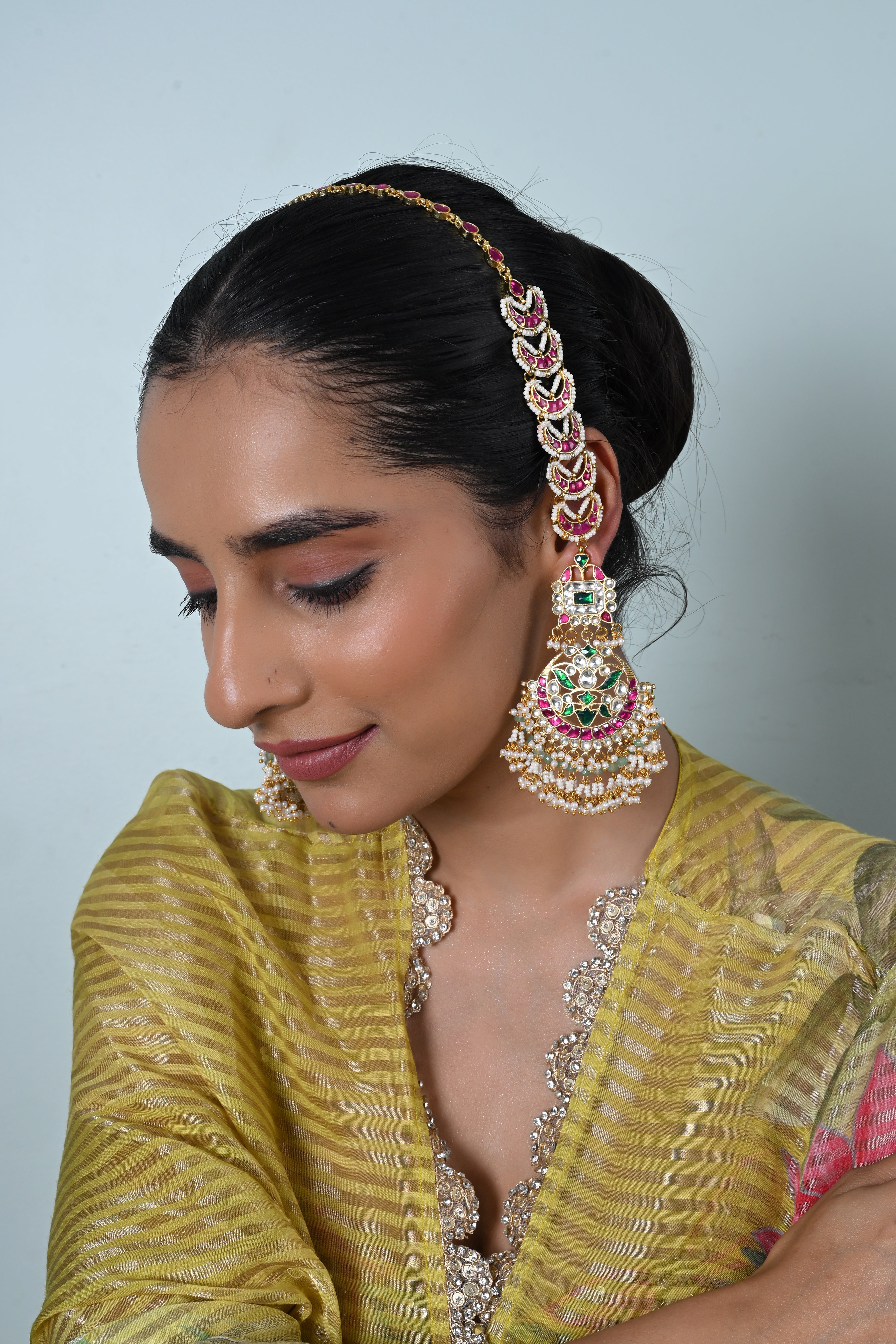 SJE1140- Multicolour Gold Plated Jadau Kundan Chandbali Long Earrings