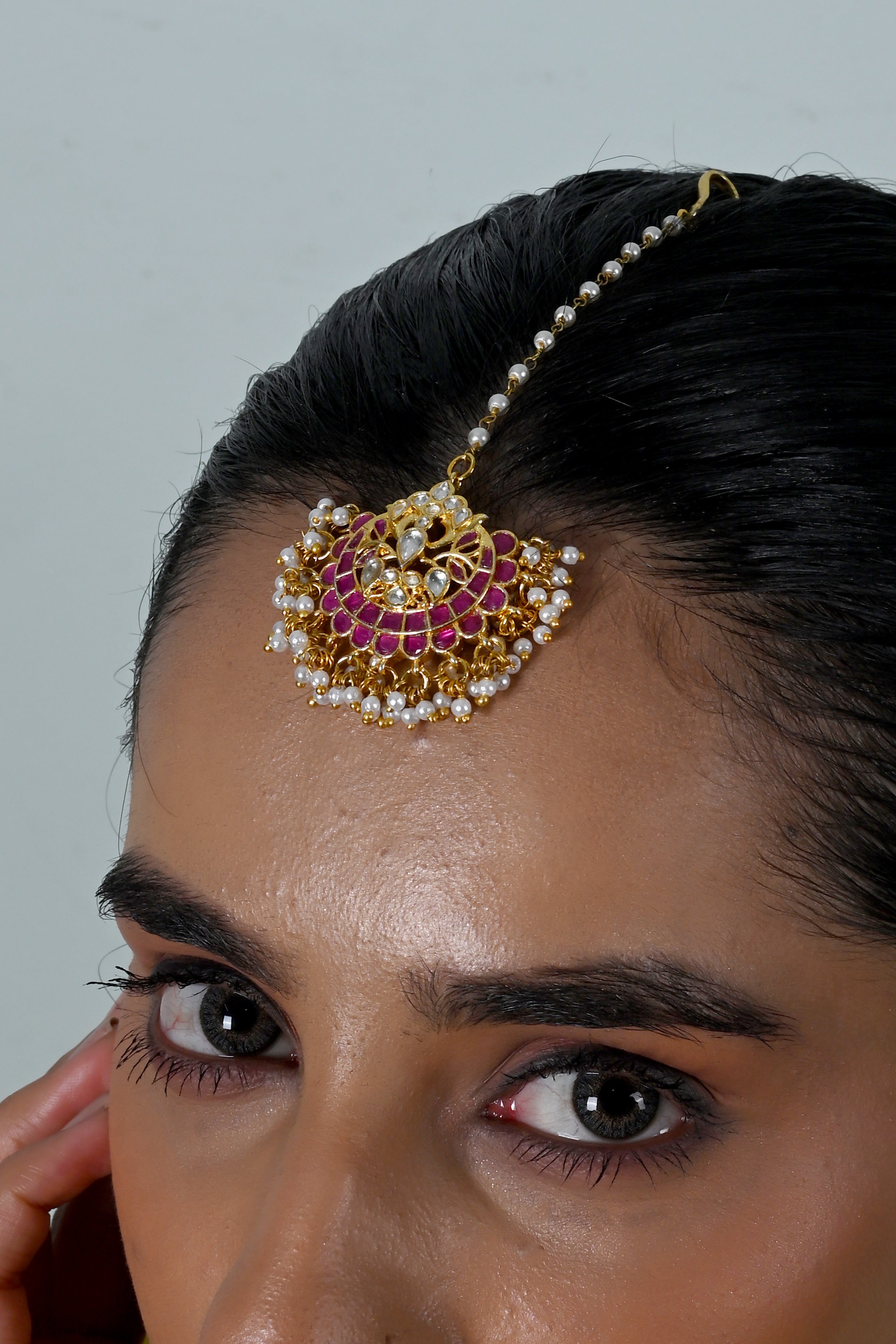 SJT1051- Pink And White Colour Gold Plated Jadau Kundan Maang Tika
