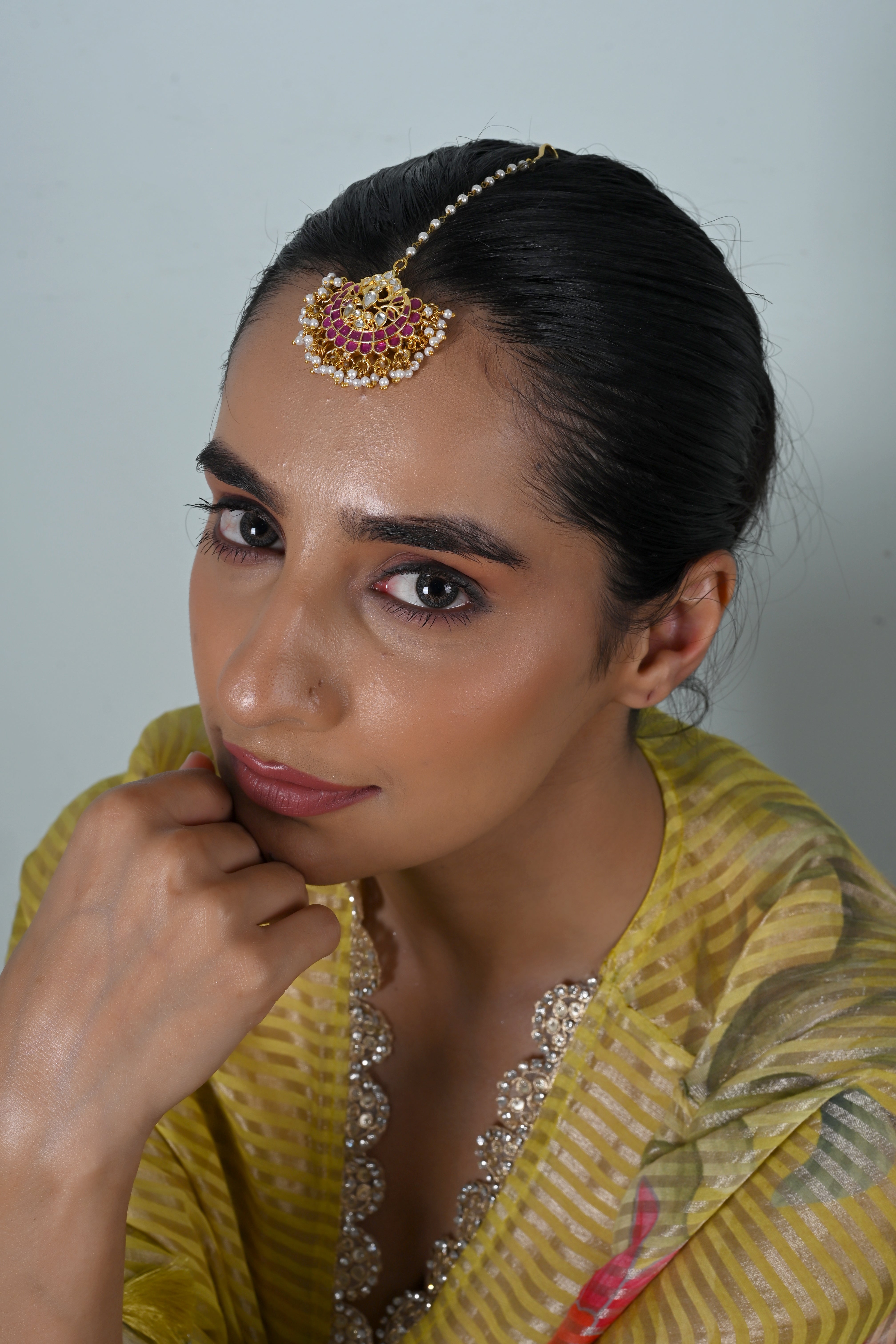 SJT1051- Pink And White Colour Gold Plated Jadau Kundan Maang Tika