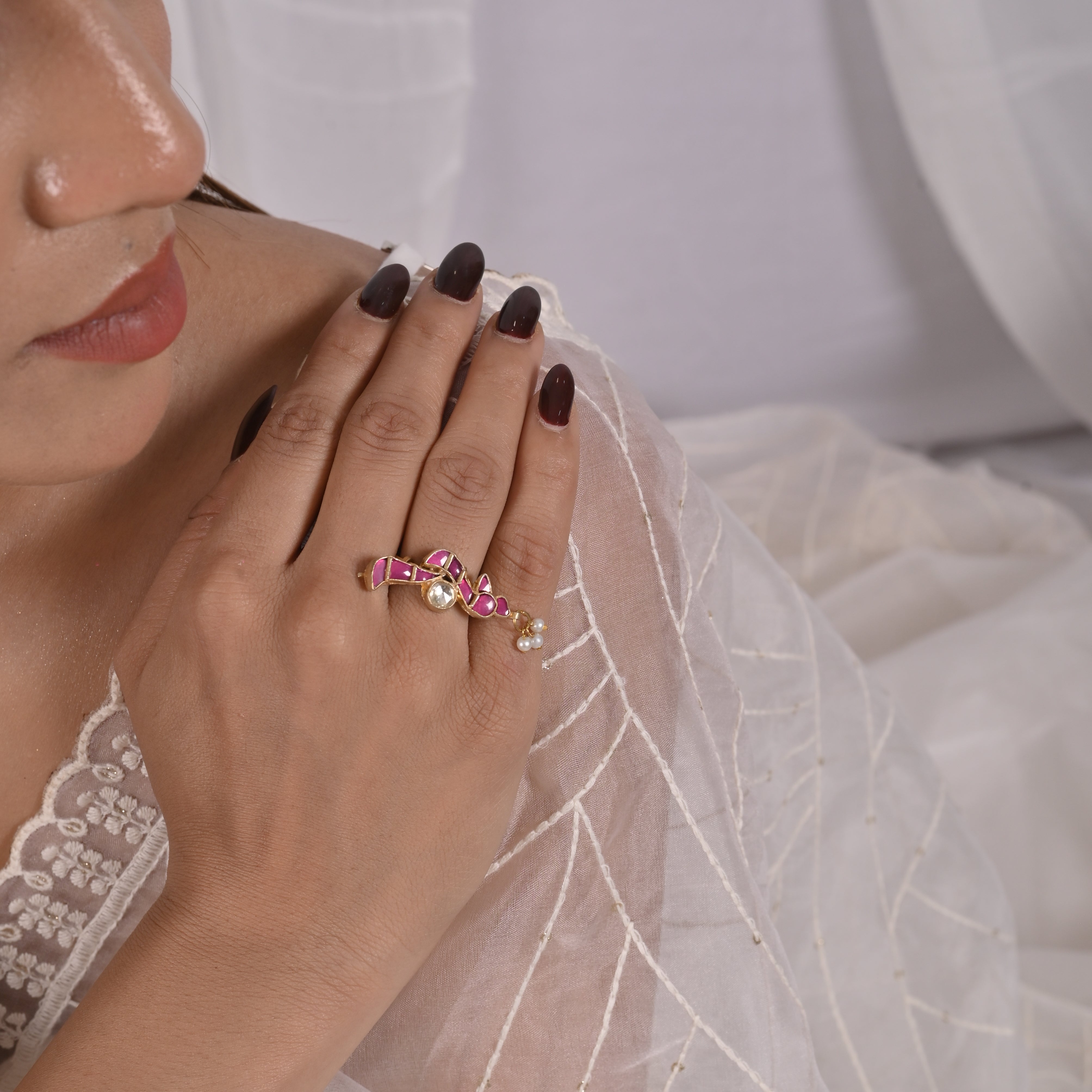 Khetoli Pink Peacock Kundan Ring