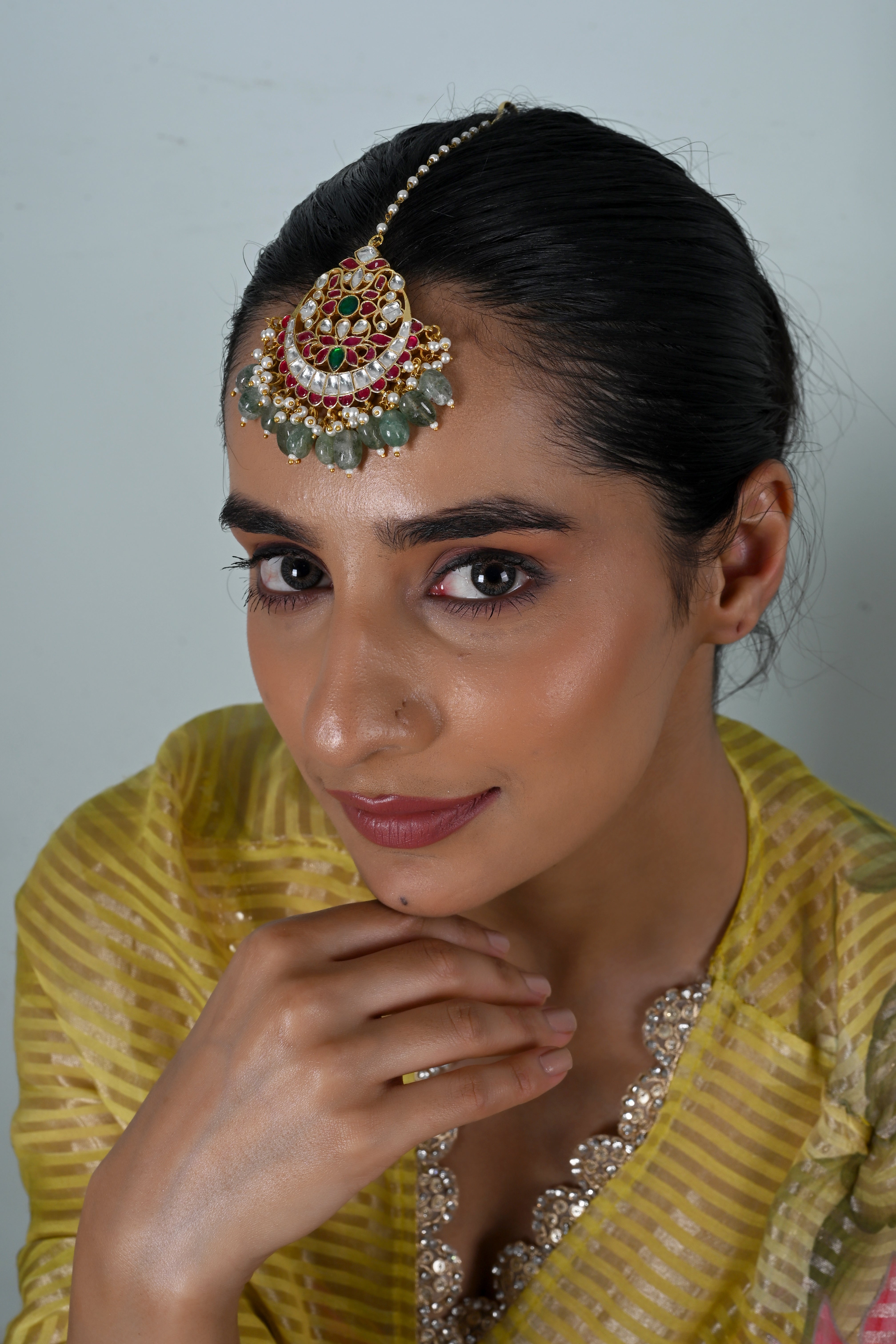 SJT1052- Multicolour Gold Plated Jadau Kundan Maang Tika