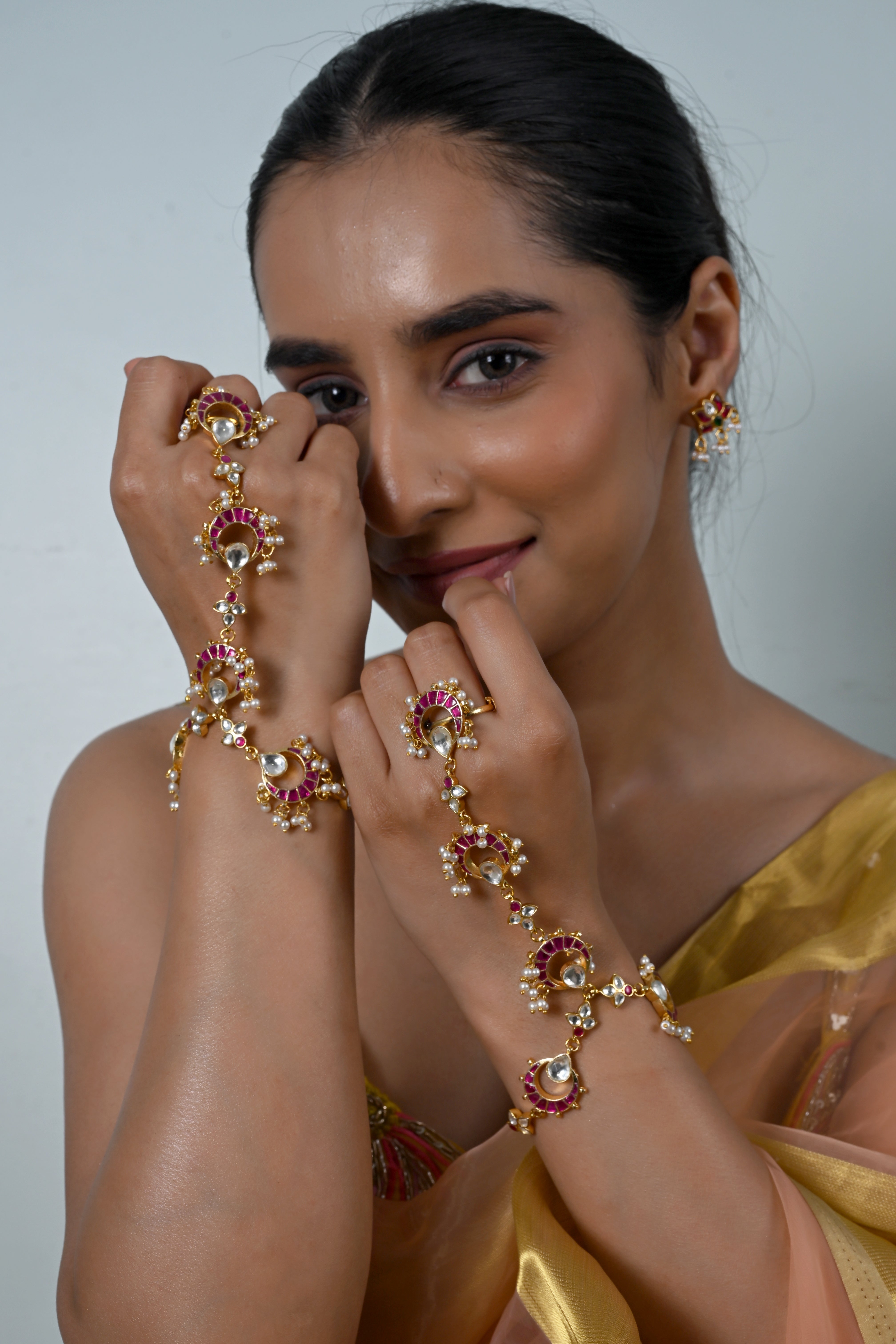 SJHP1019- Pink And White Colour Gold Plated Jadau Kundan Hathphool