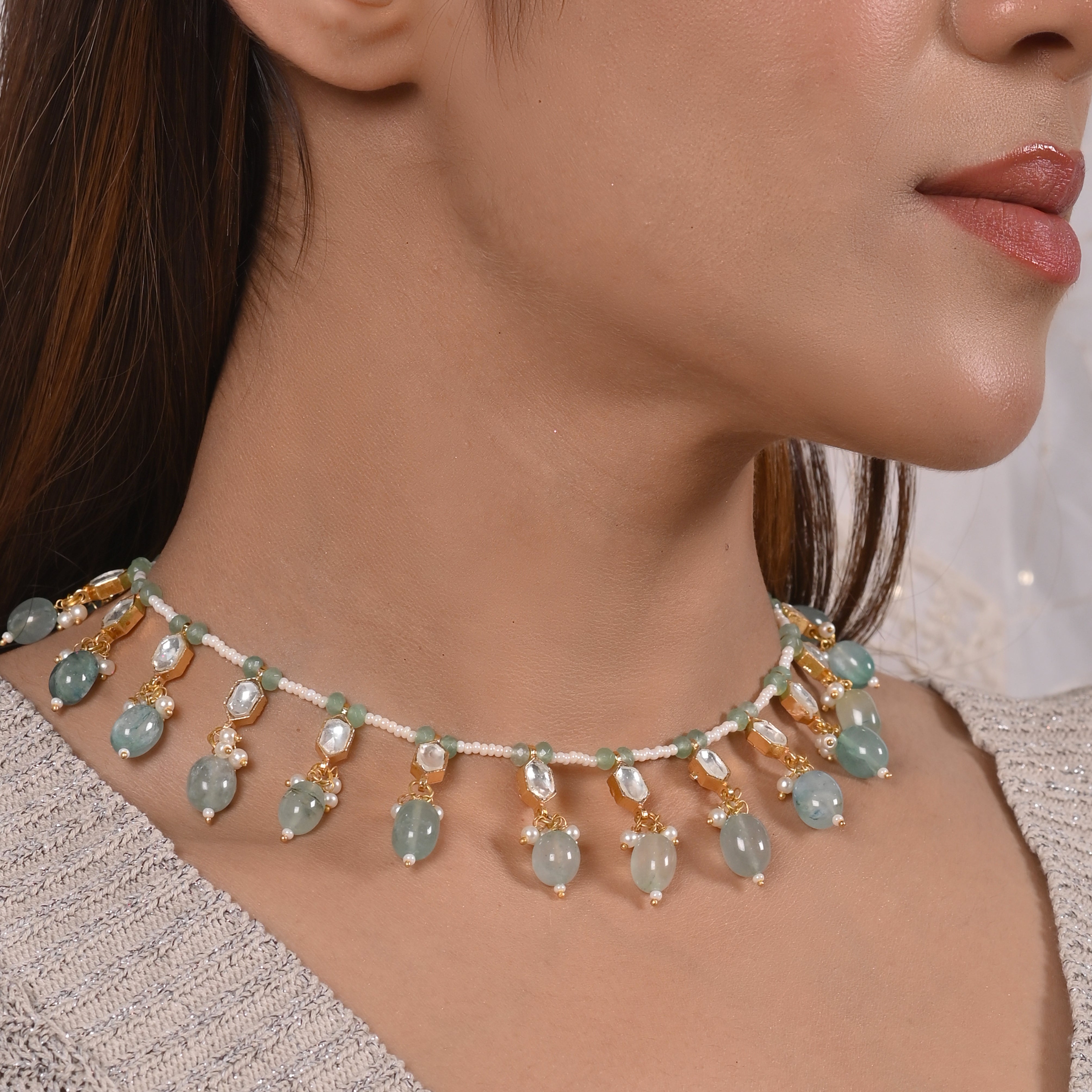 Tanisha Aqua Kundan Neklace