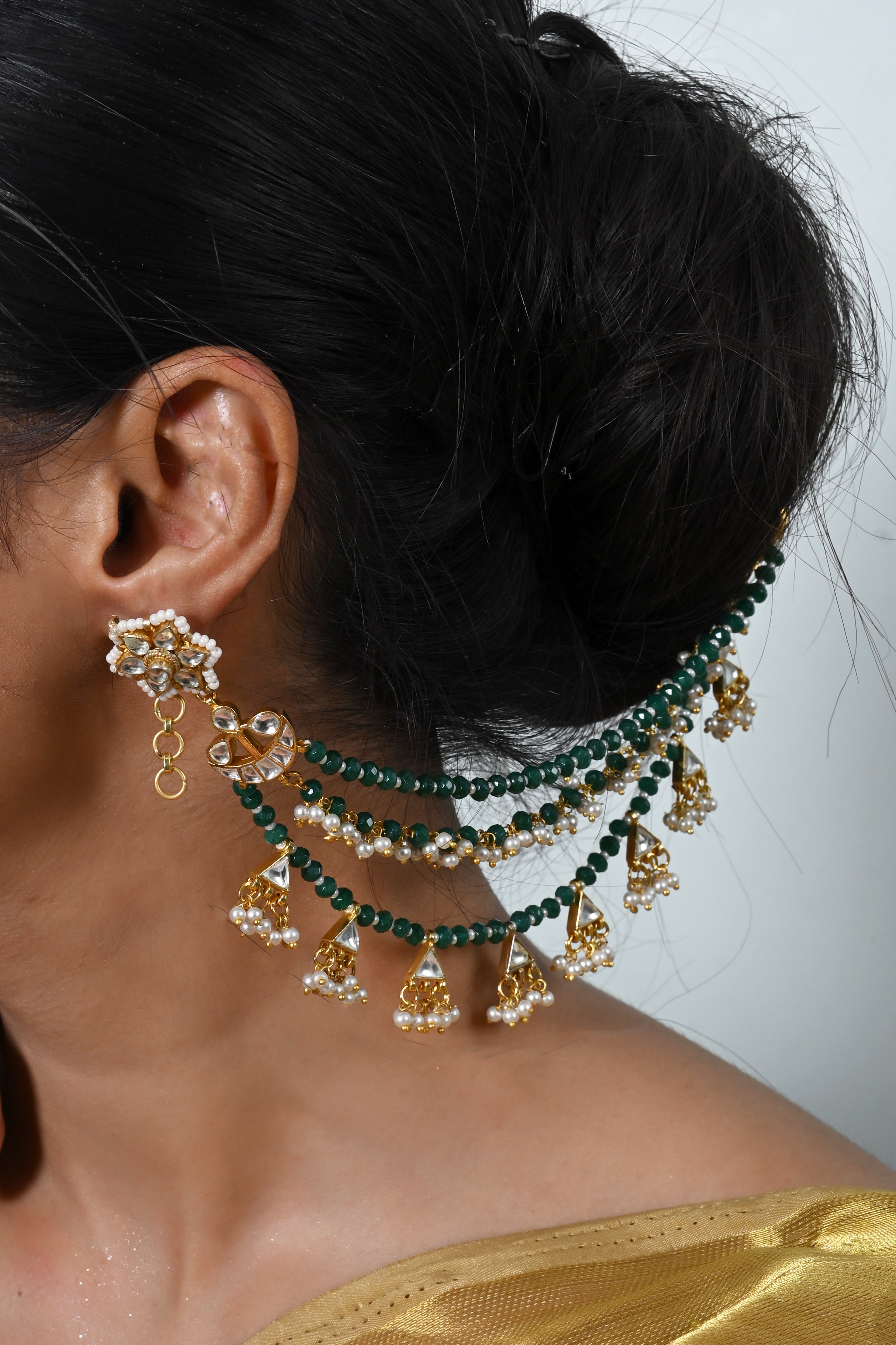 SJKC0006- White and Green Colour Gold Plated Jadau Kundan kanchain