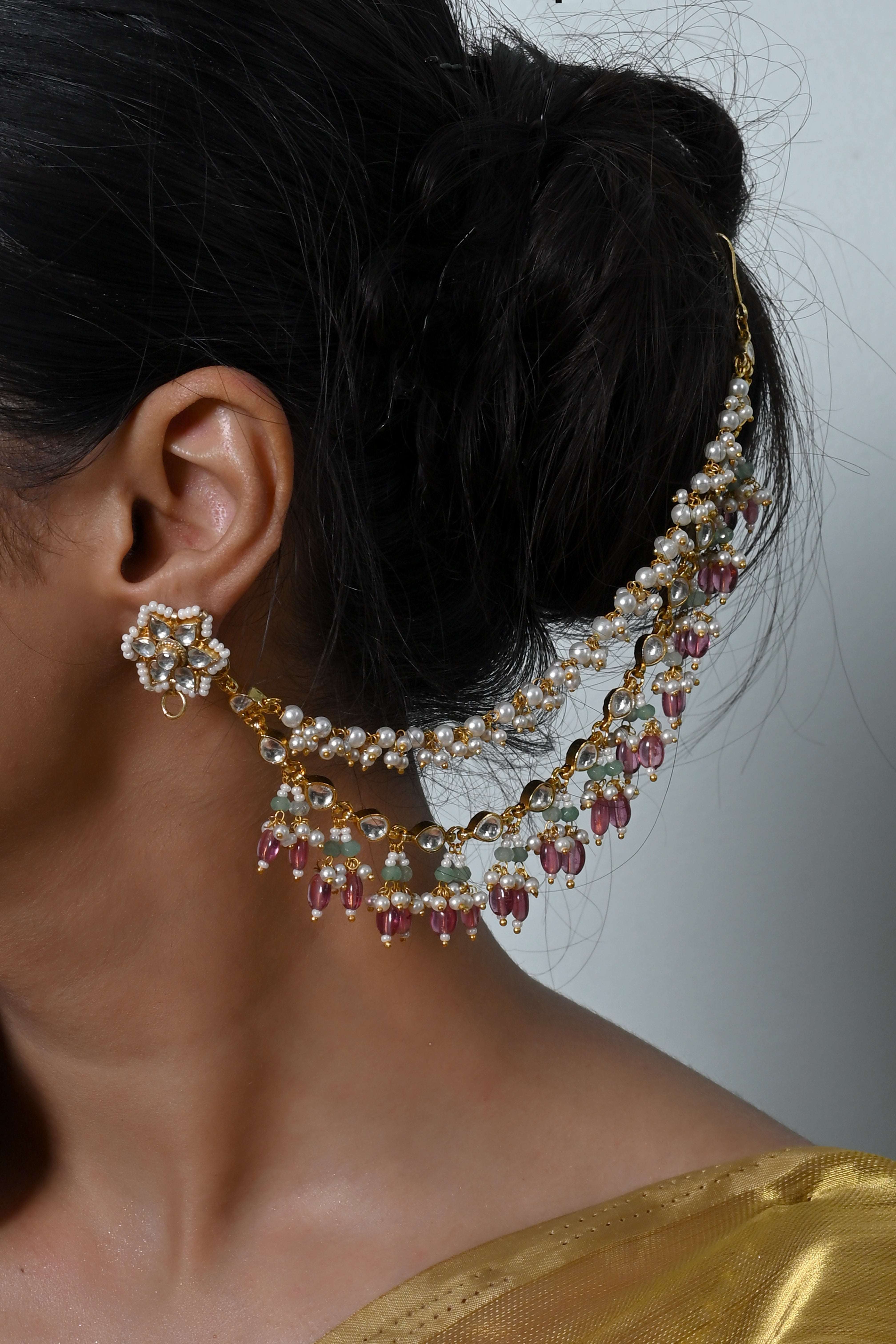 SJKC0007- Pink And White Colour Gold Plated Jadau Kundan kanchain