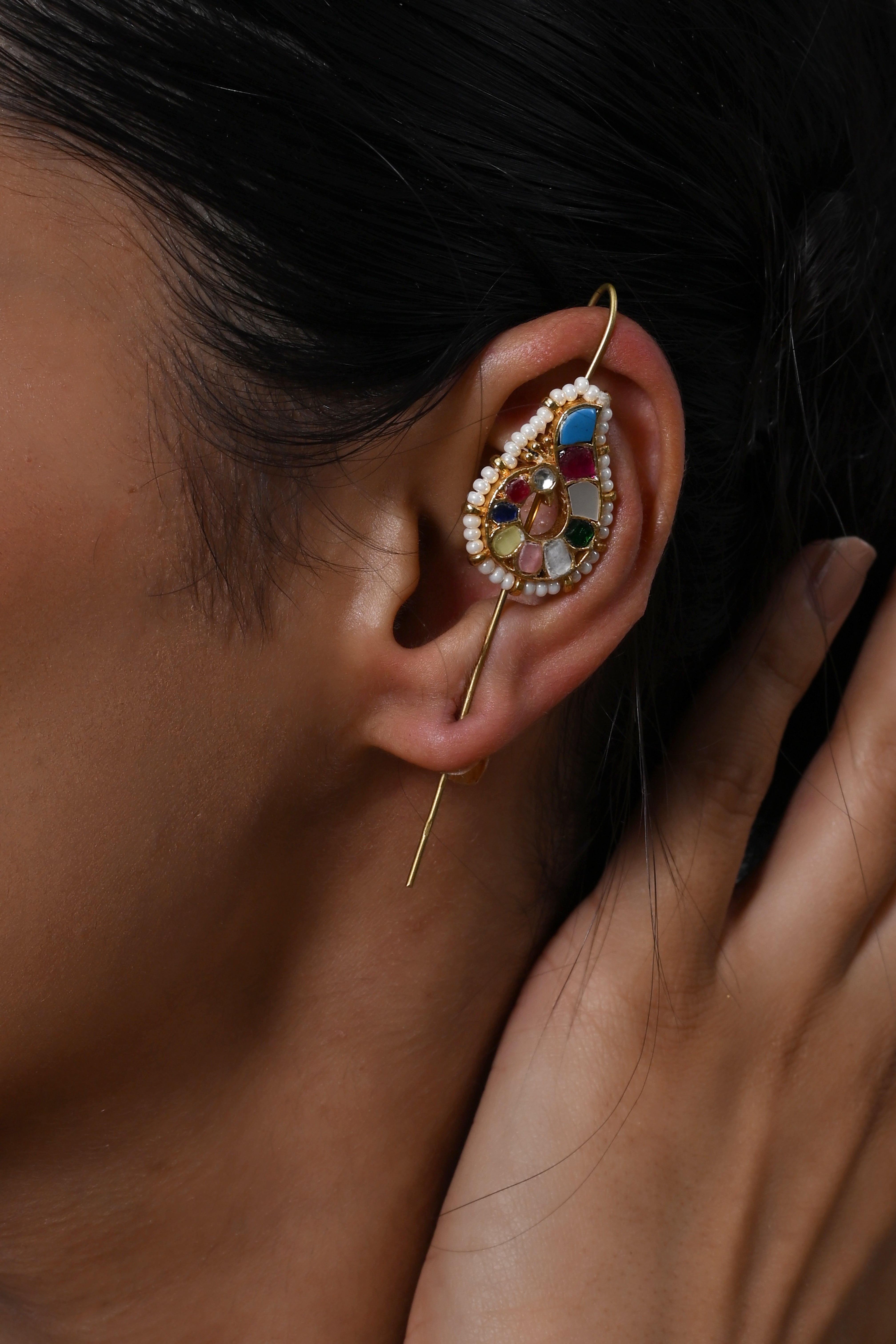 SJE1143- Multicolour Gold Plated Jadau Kundan Ear Cuffs