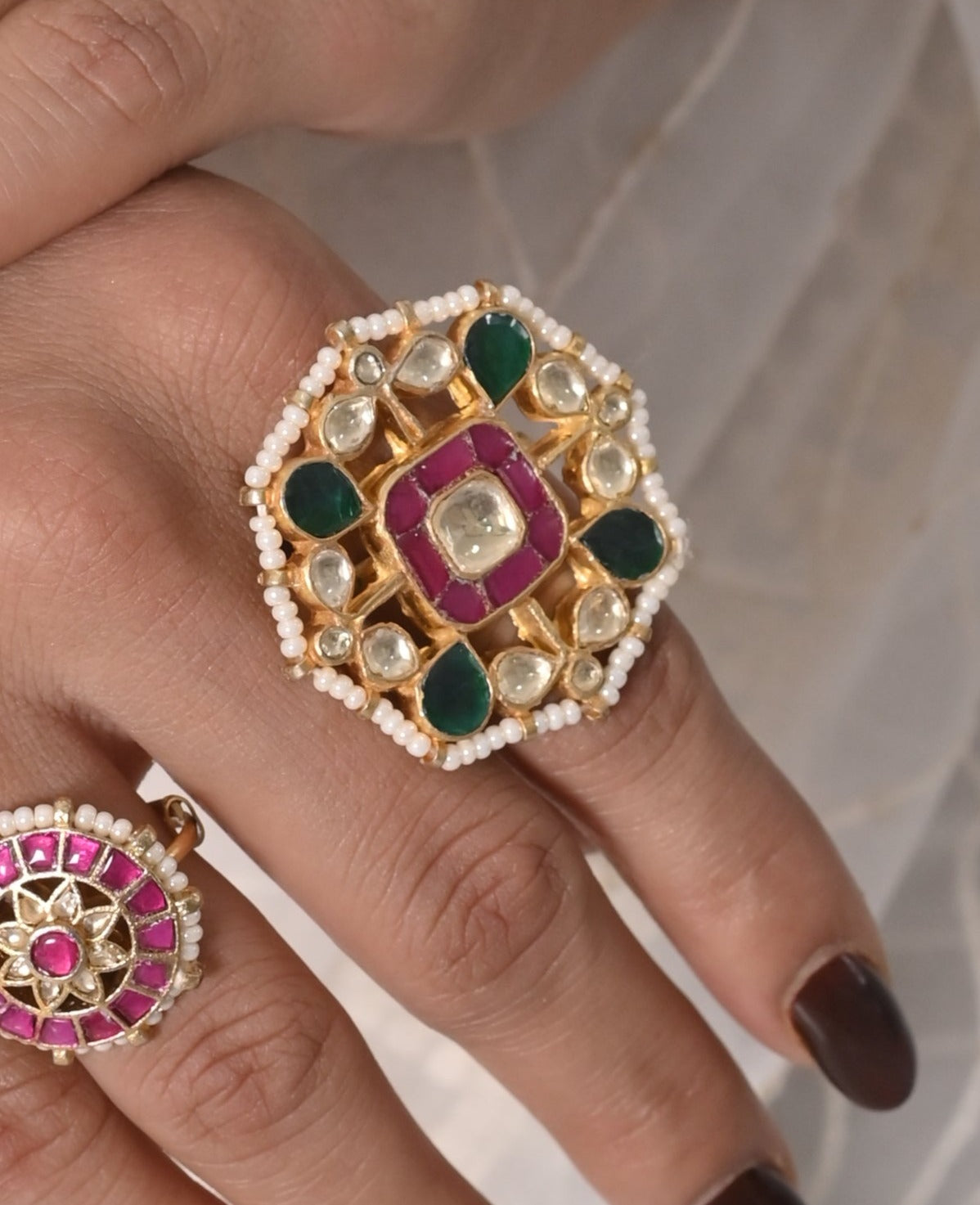 SJR011- Multi Colour Gold Plated Jadau Kundan Ring