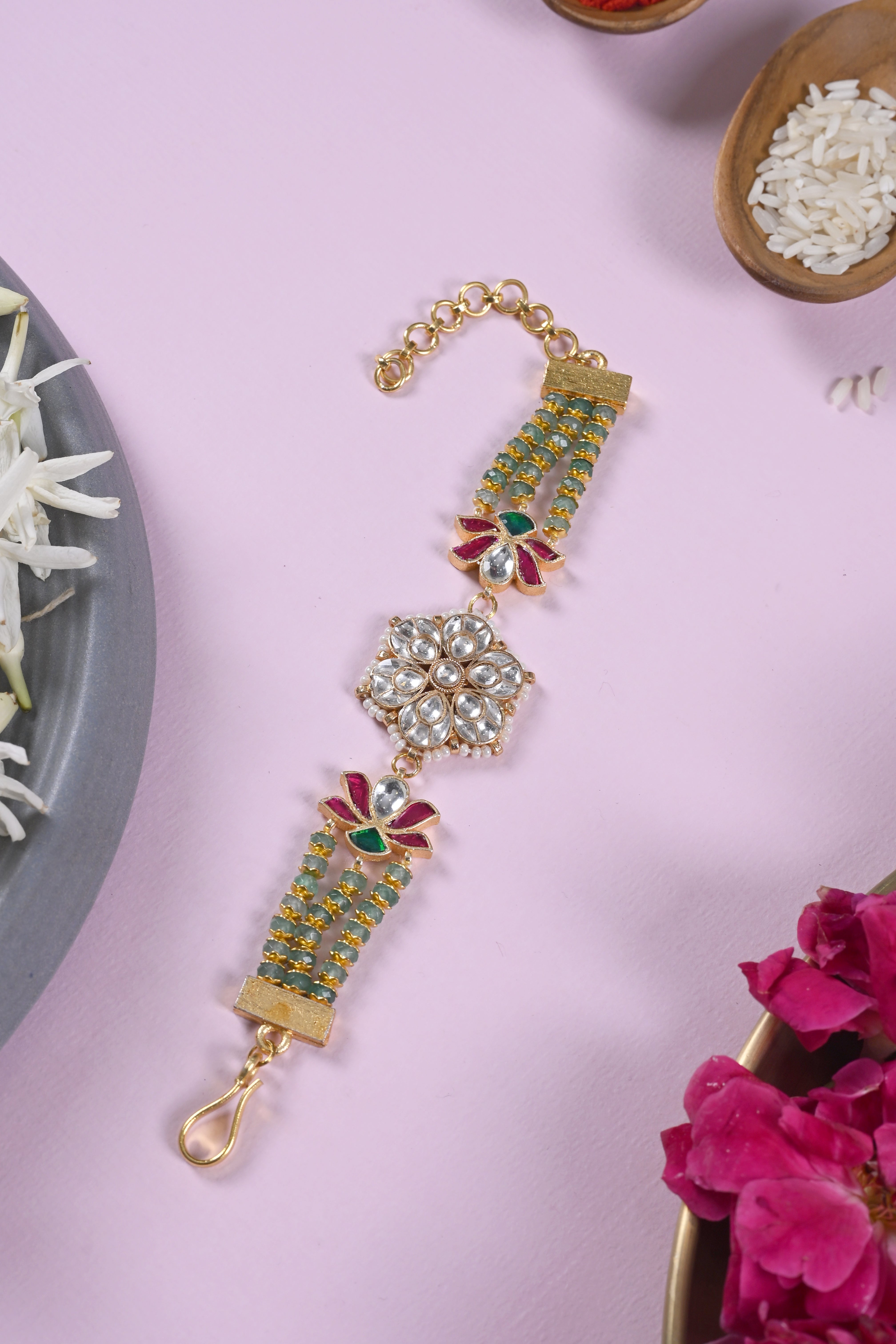 SJRB1035- Multi Colour Gold Plated Jadau Kundan Rakhi