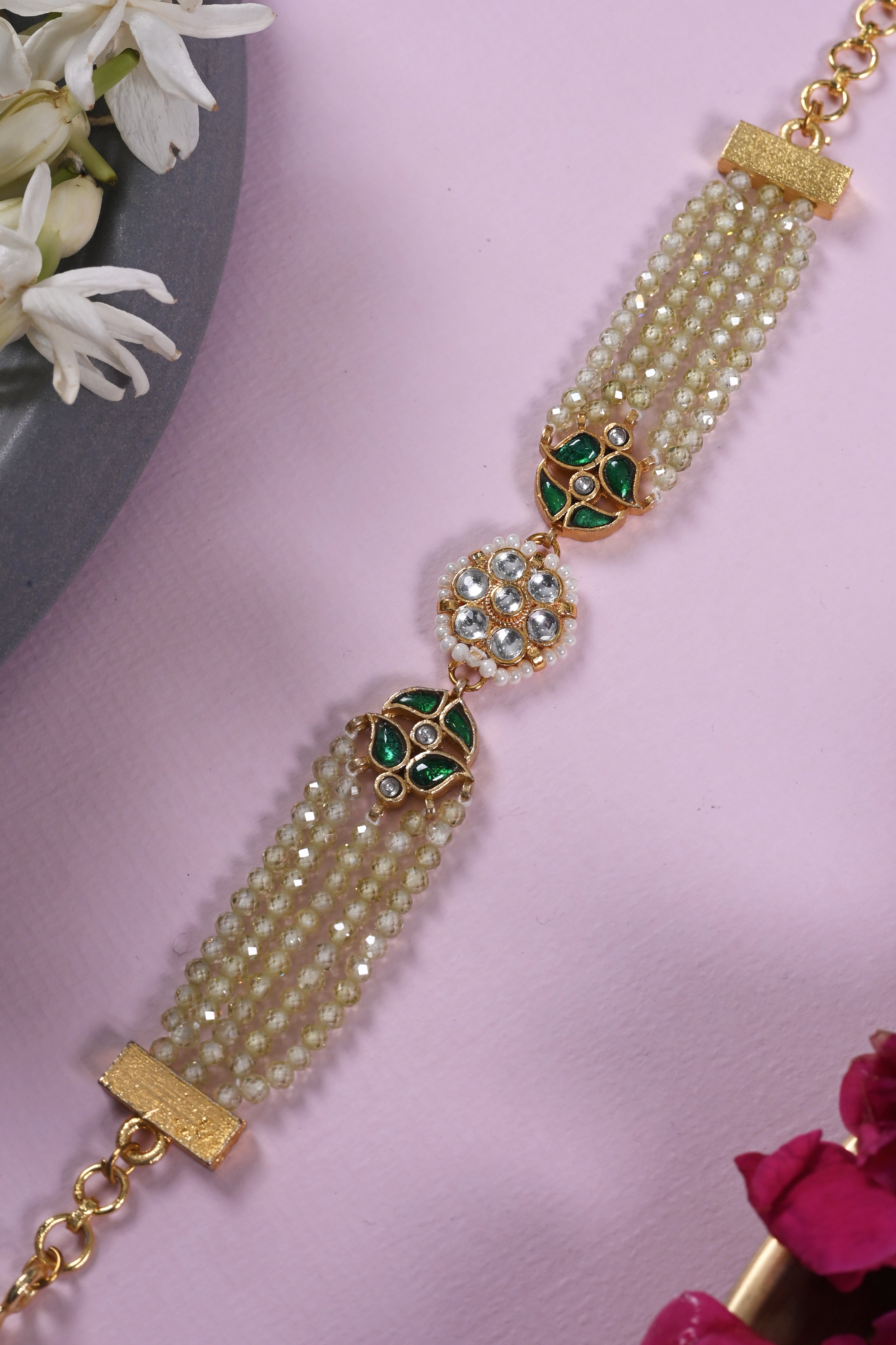 SJRB1039- White and Green Colour Gold Plated Jadau Kundan Rakhi