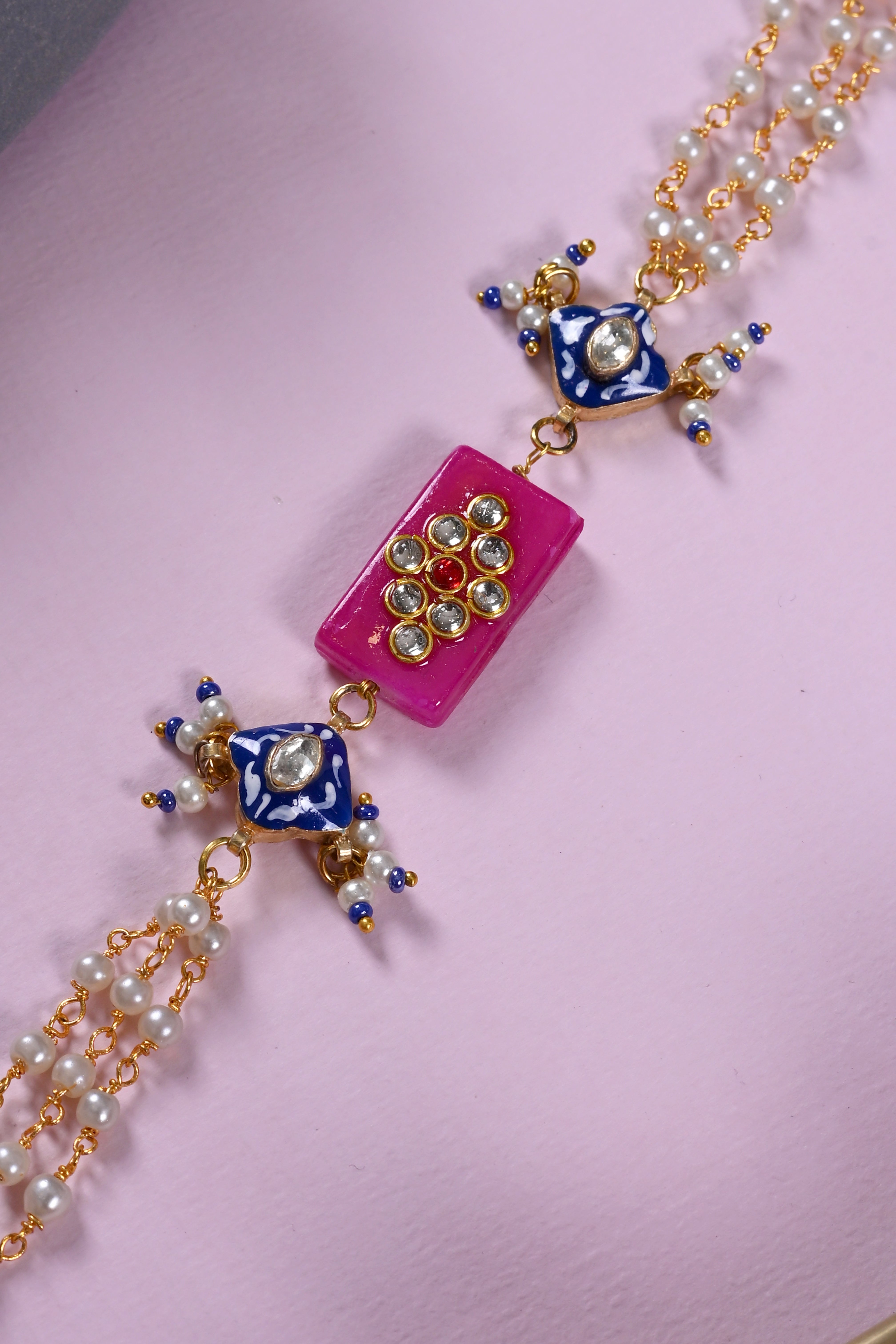 SJRB1041- Pink and Blue Colour Gold Plated Jadau Kundan Rakhi
