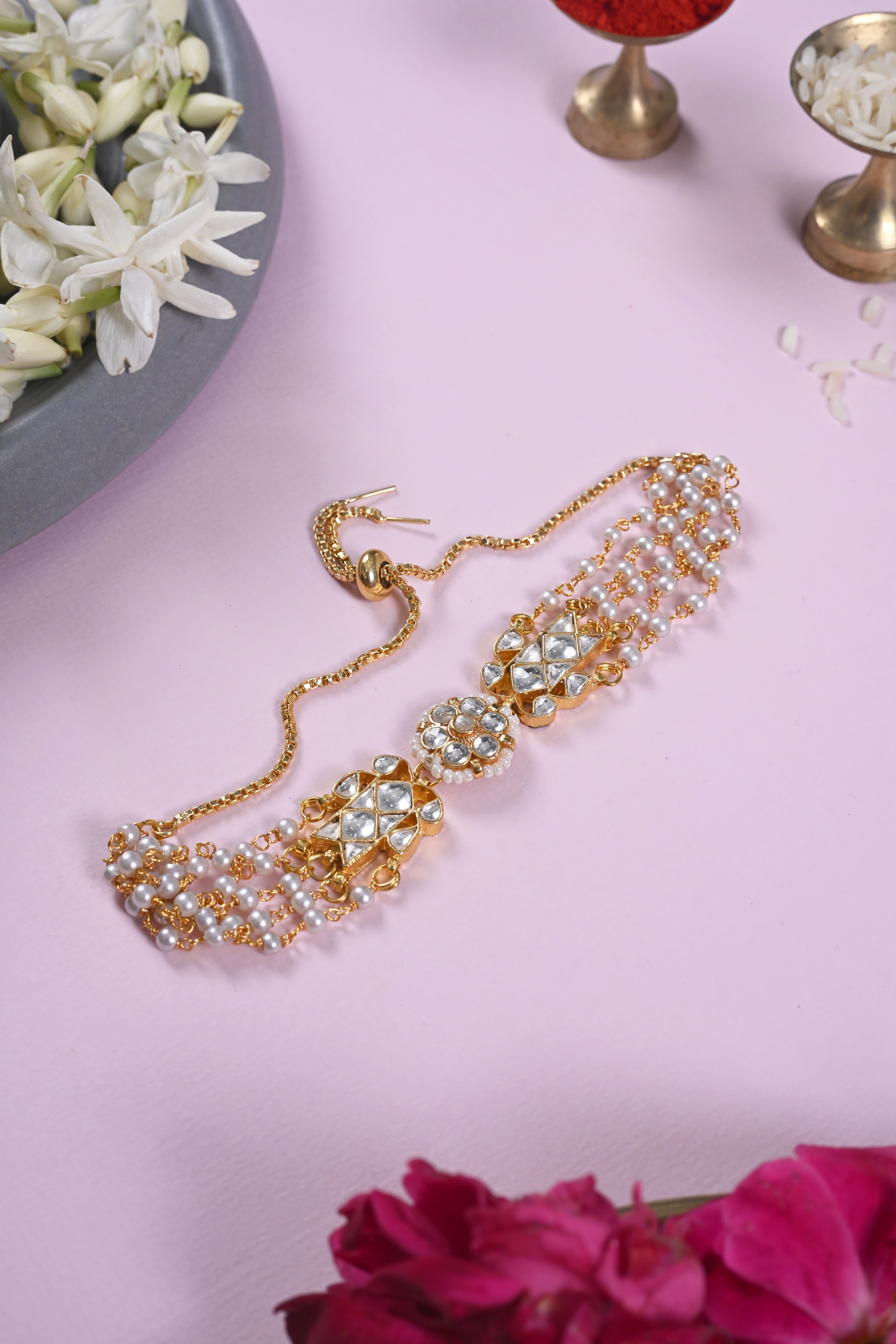 SJRB1043- White Colour Gold Plated Jadau Kundan Rakhi