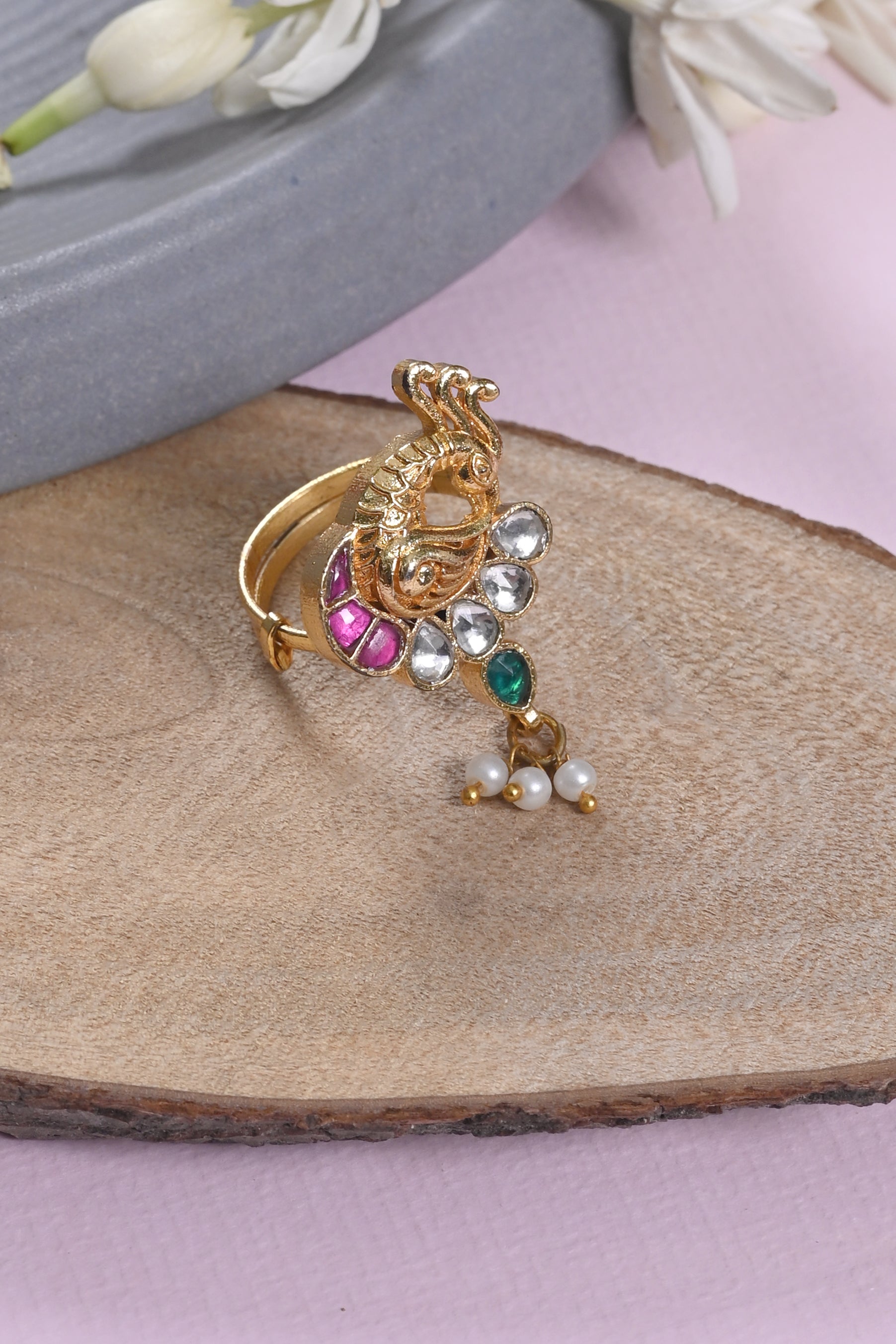SJR0031- Multi Colour Peacock Motif Gold Plated Jadau Kundan Ring