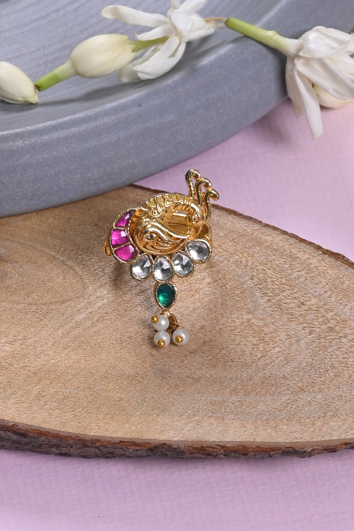SJR0031- Multi Colour Peacock Motif Gold Plated Jadau Kundan Ring