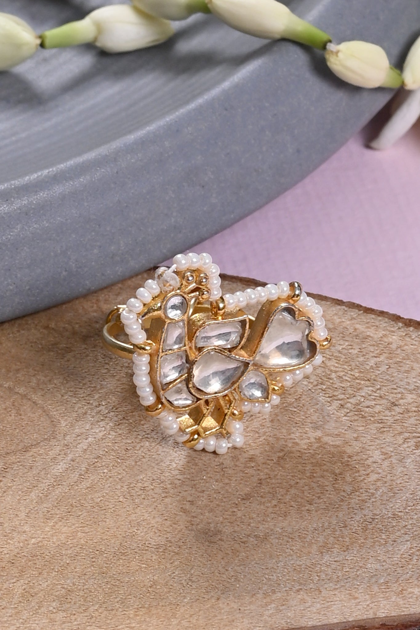 SJR0033- White Colour Peacock Motif Gold Plated Jadau Kundan Ring