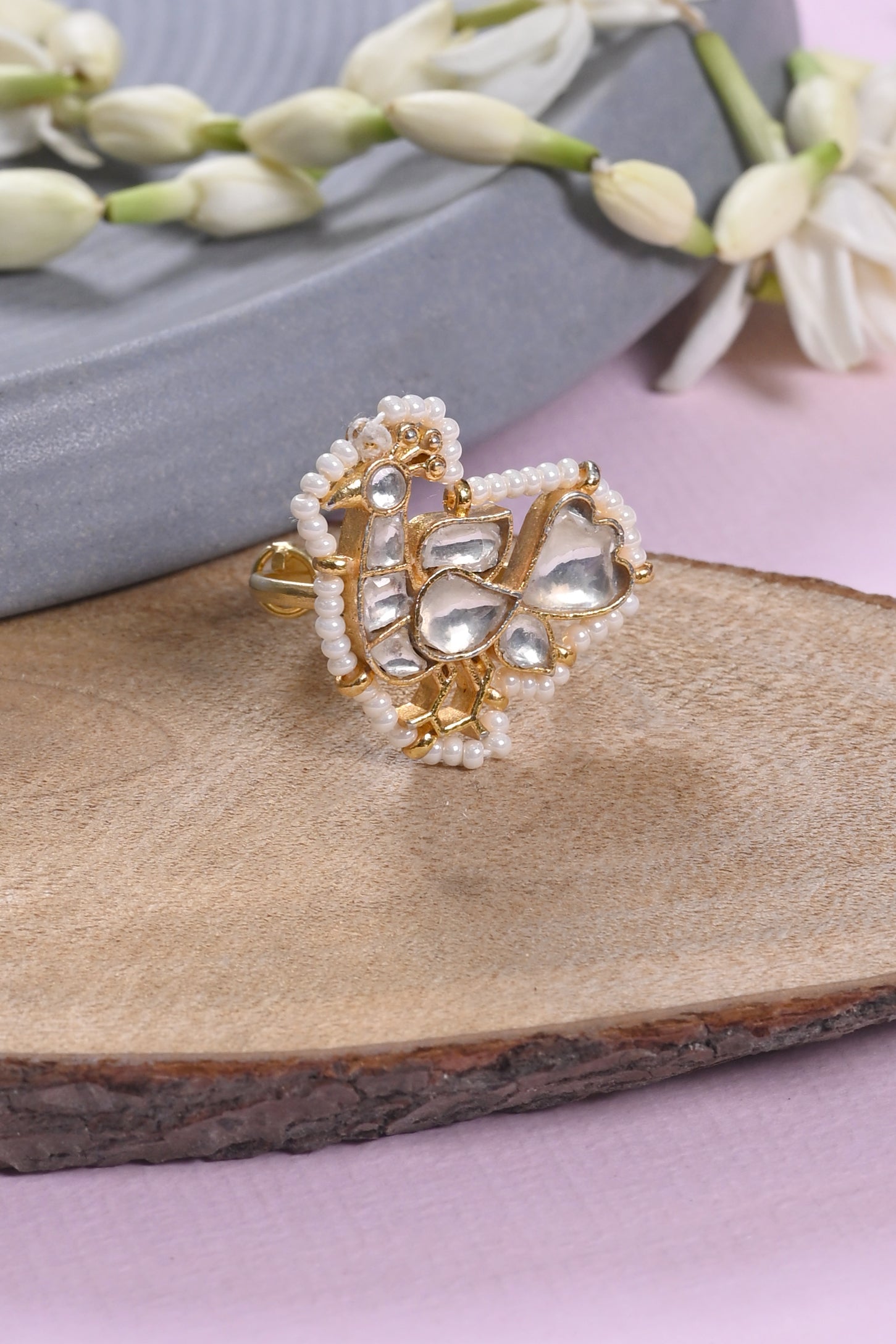 SJR0033- White Colour Peacock Motif Gold Plated Jadau Kundan Ring