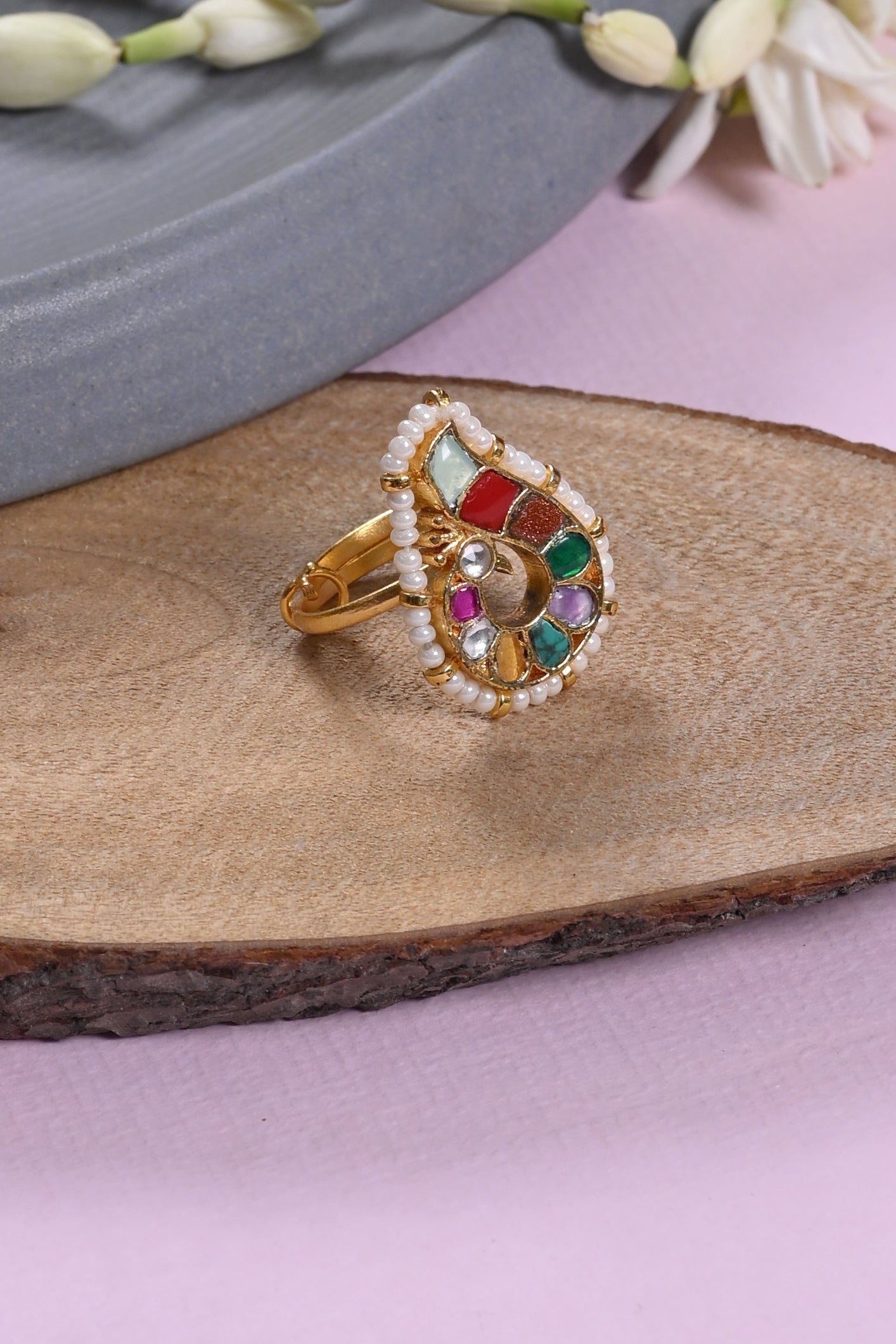 SJR0034- Multi Colour Peacock Motif Gold Plated Jadau Kundan Ring