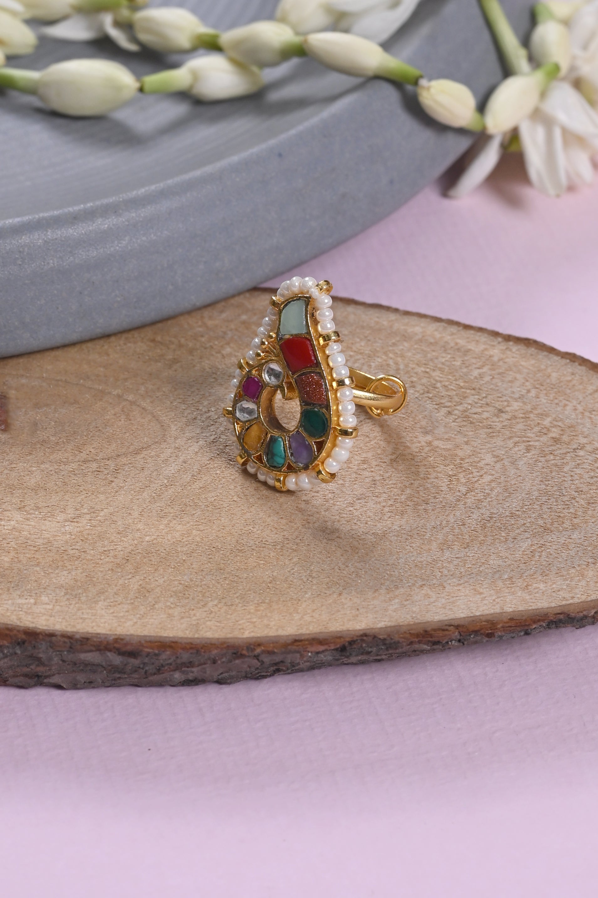 SJR0034- Multi Colour Peacock Motif Gold Plated Jadau Kundan Ring