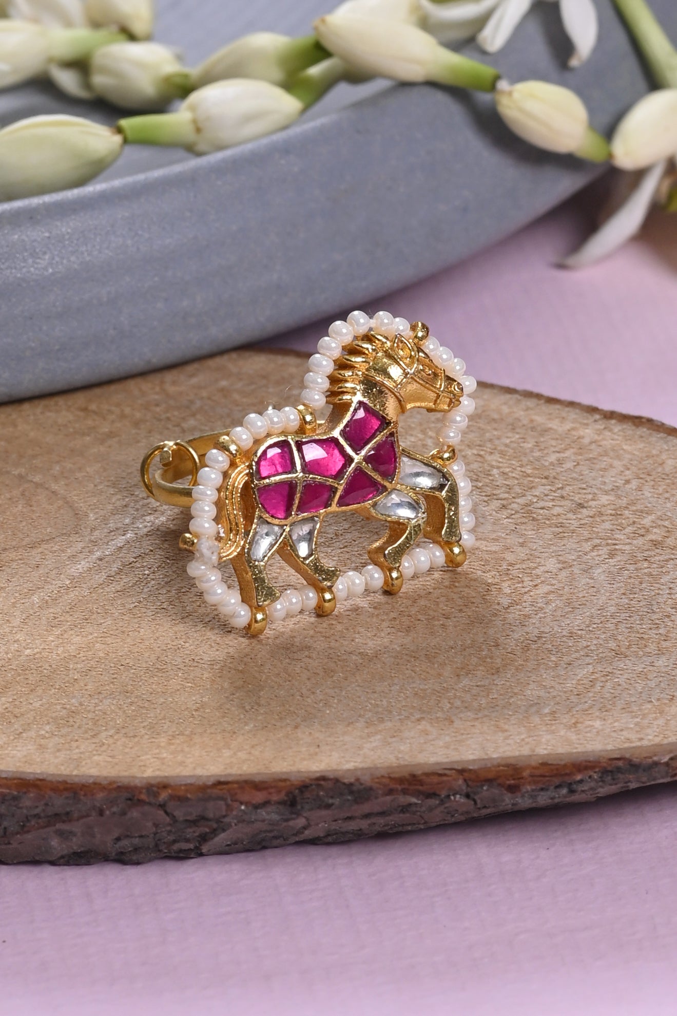 SJR0035- Pink and White Colour Horse Motif Gold Plated Jadau Kundan Ring