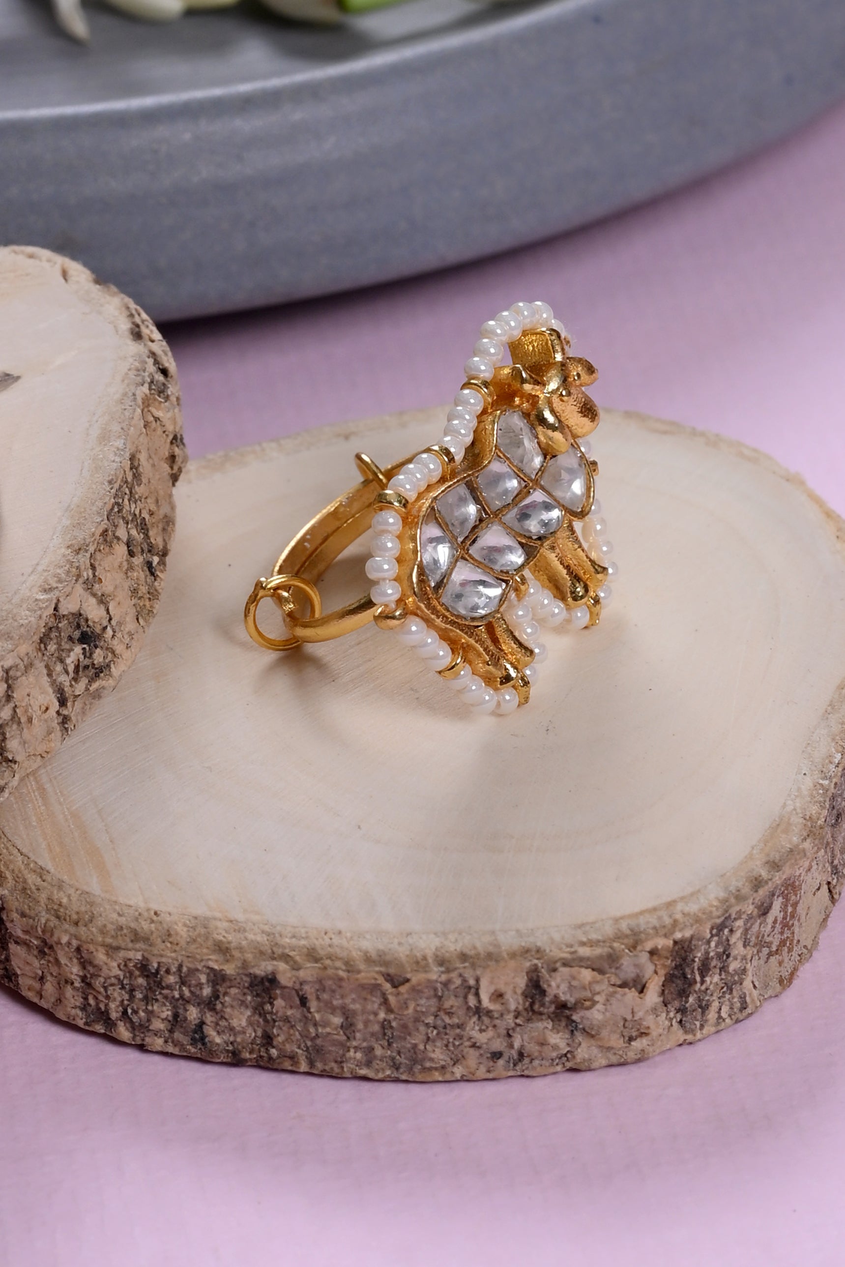SJR0036- White Colour Cow Motif Gold Plated Jadau Kundan Ring