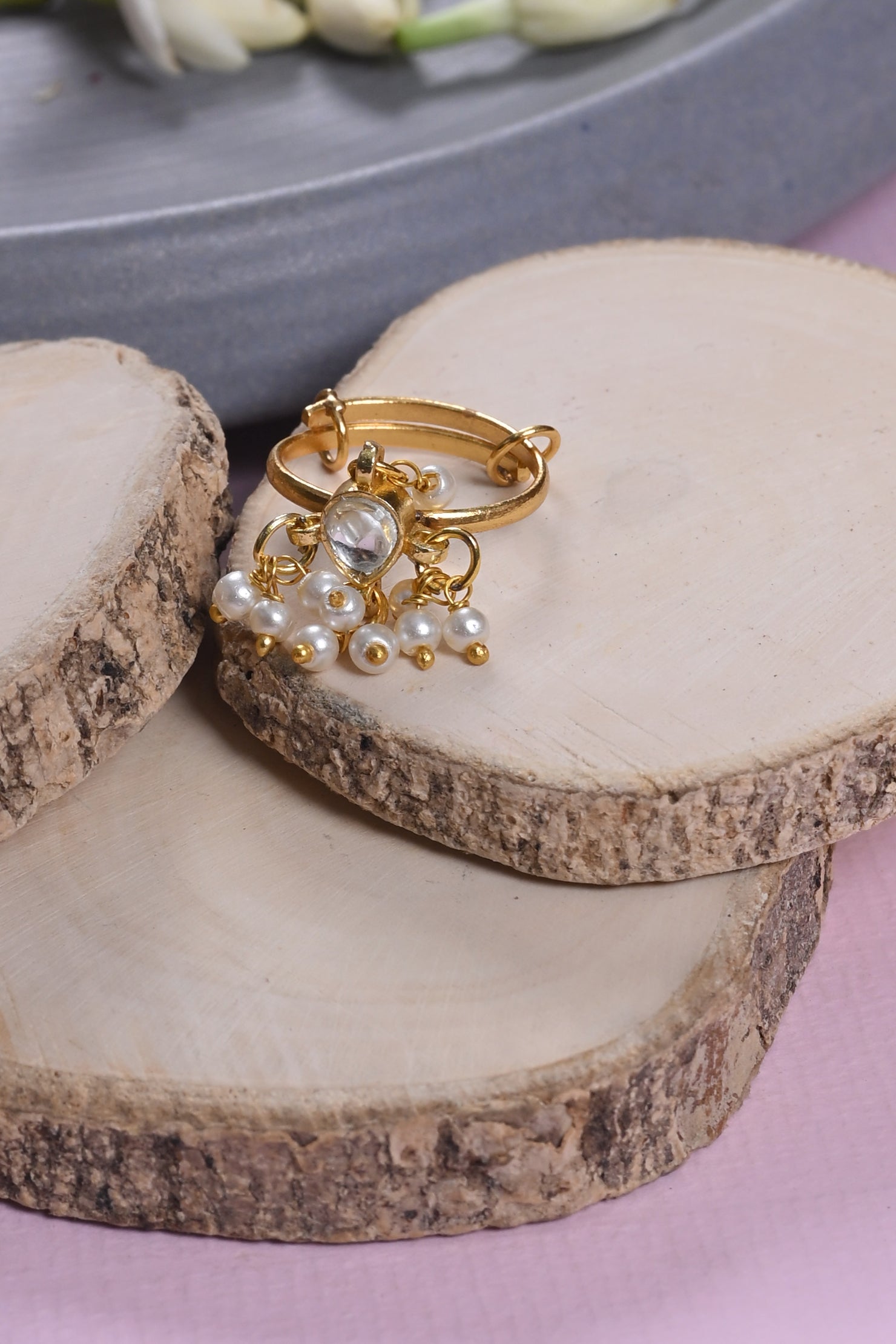 SJR0037- White Colour Gold Plated Jadau Kundan Ring