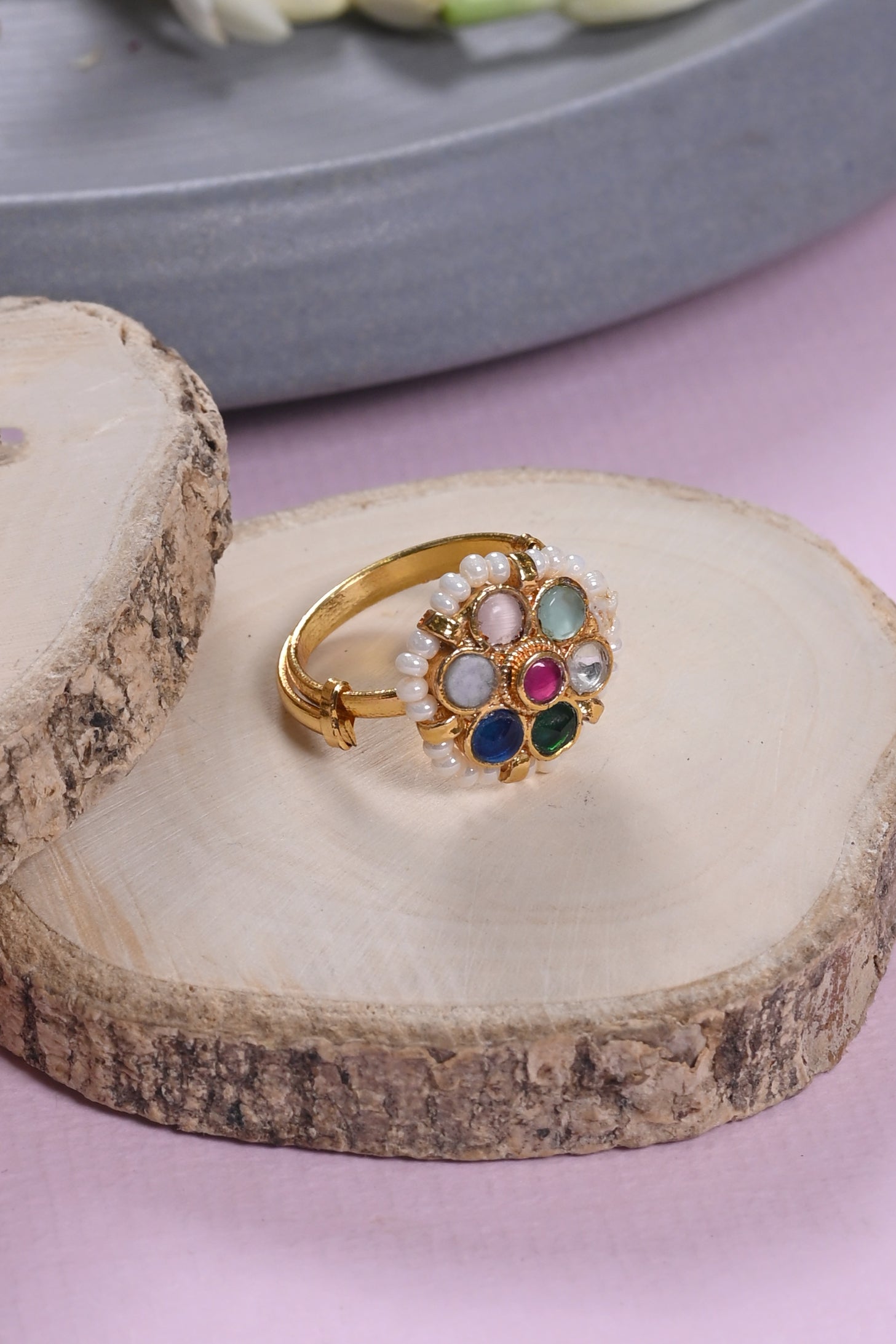 SJR0027- Multi Colour Gold Plated Jadau Kundan Flower Motif Ring