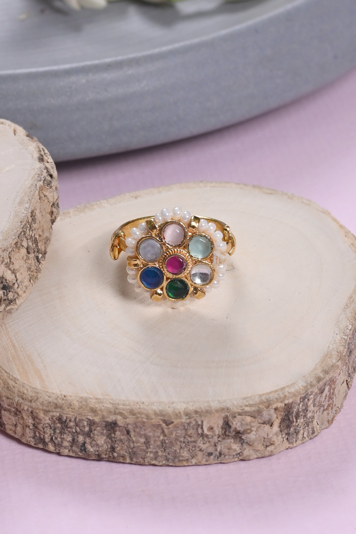 SJR0027- Multi Colour Gold Plated Jadau Kundan Flower Motif Ring