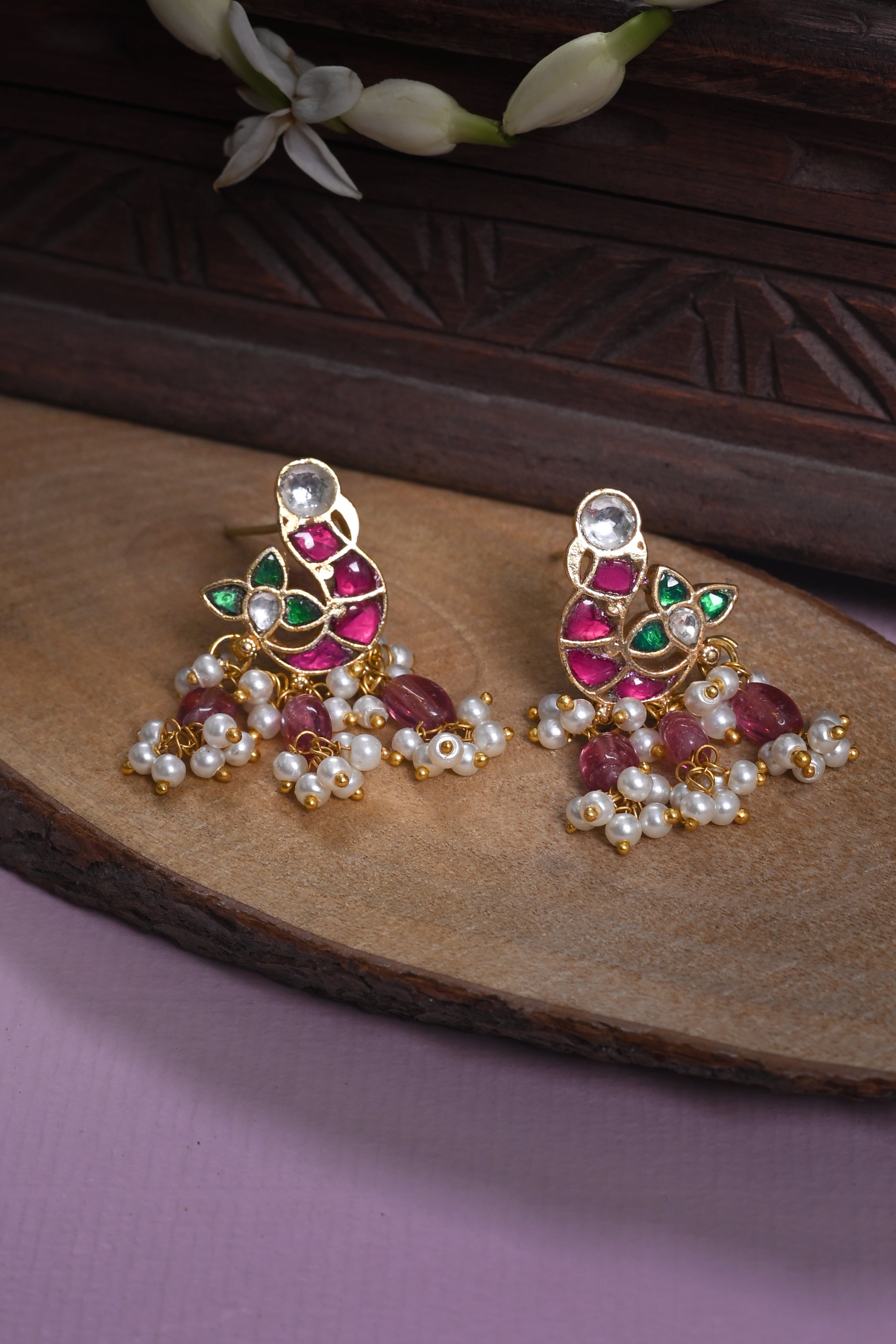 SJE1123- Multi Colour Gold Plated Jadau Kundan Peacock Motif Studs Earrings