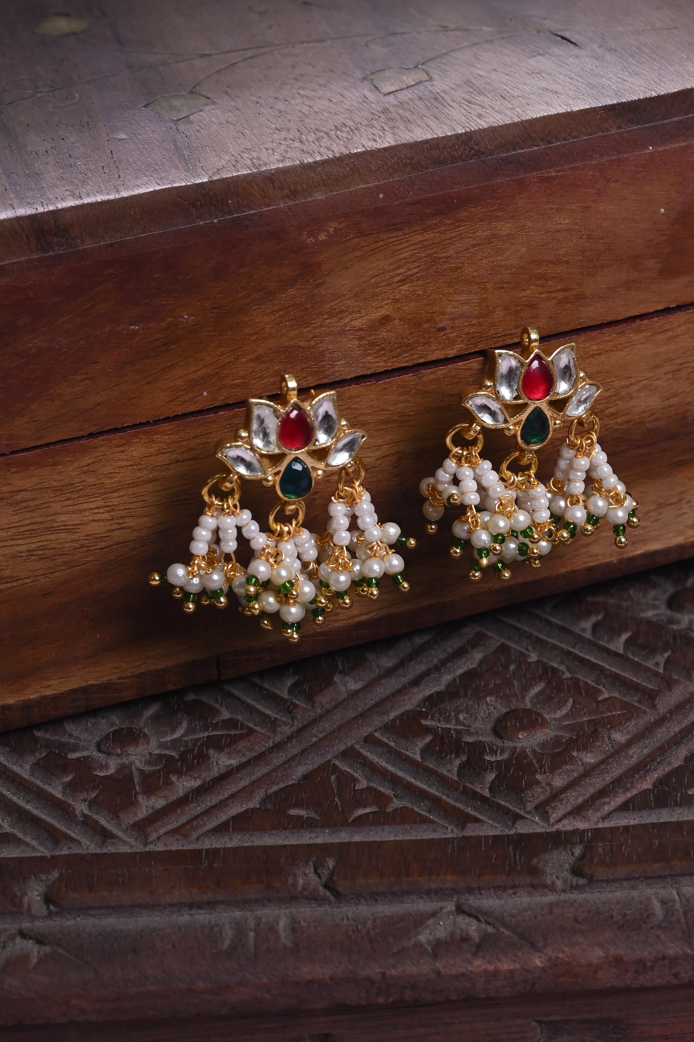 SJE1127- Multi Colour Gold Plated Jadau Kundan Lotus Motif Studs Earrings