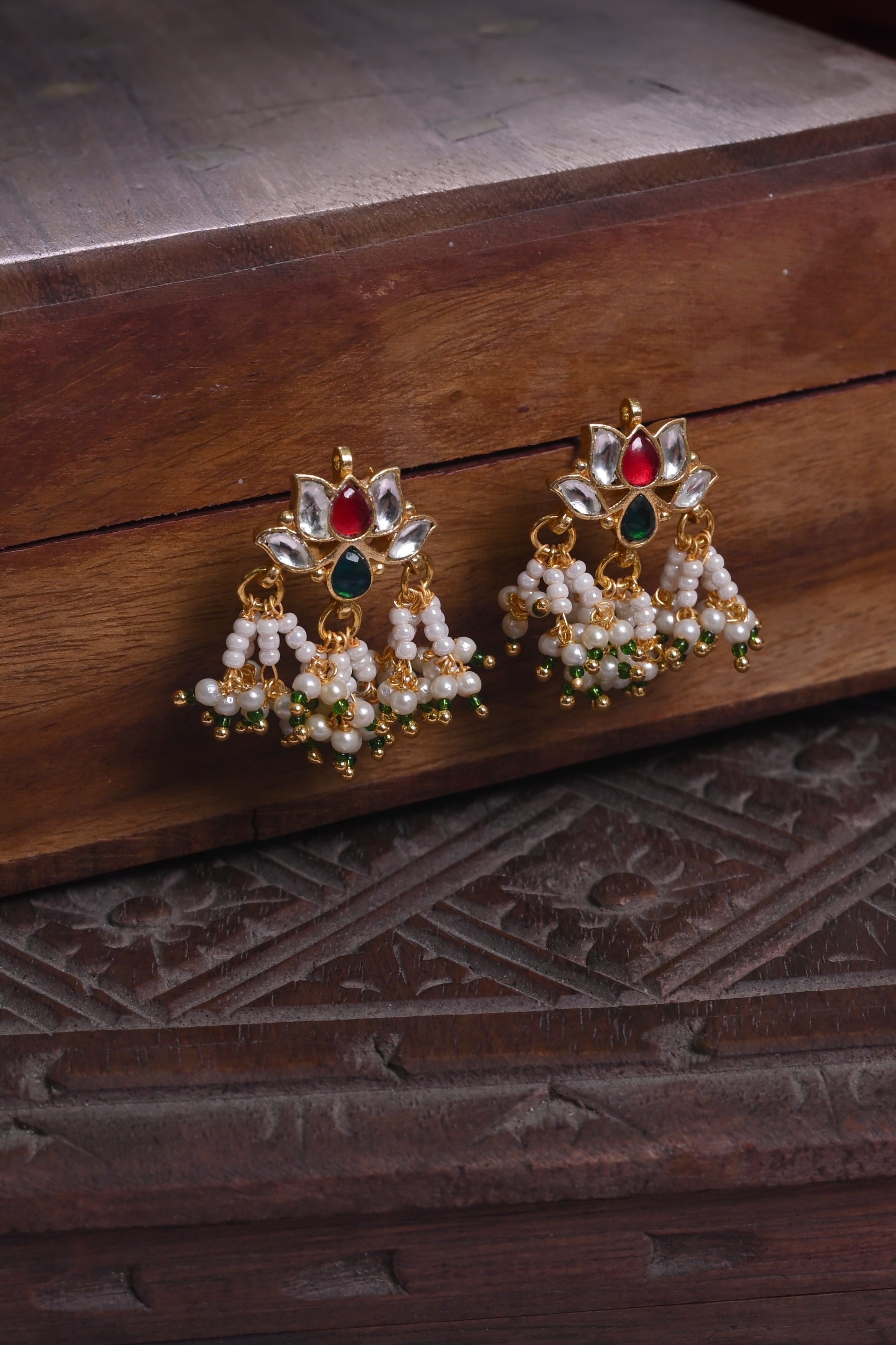 SJE1127- Multi Colour Gold Plated Jadau Kundan Lotus Motif Studs Earrings