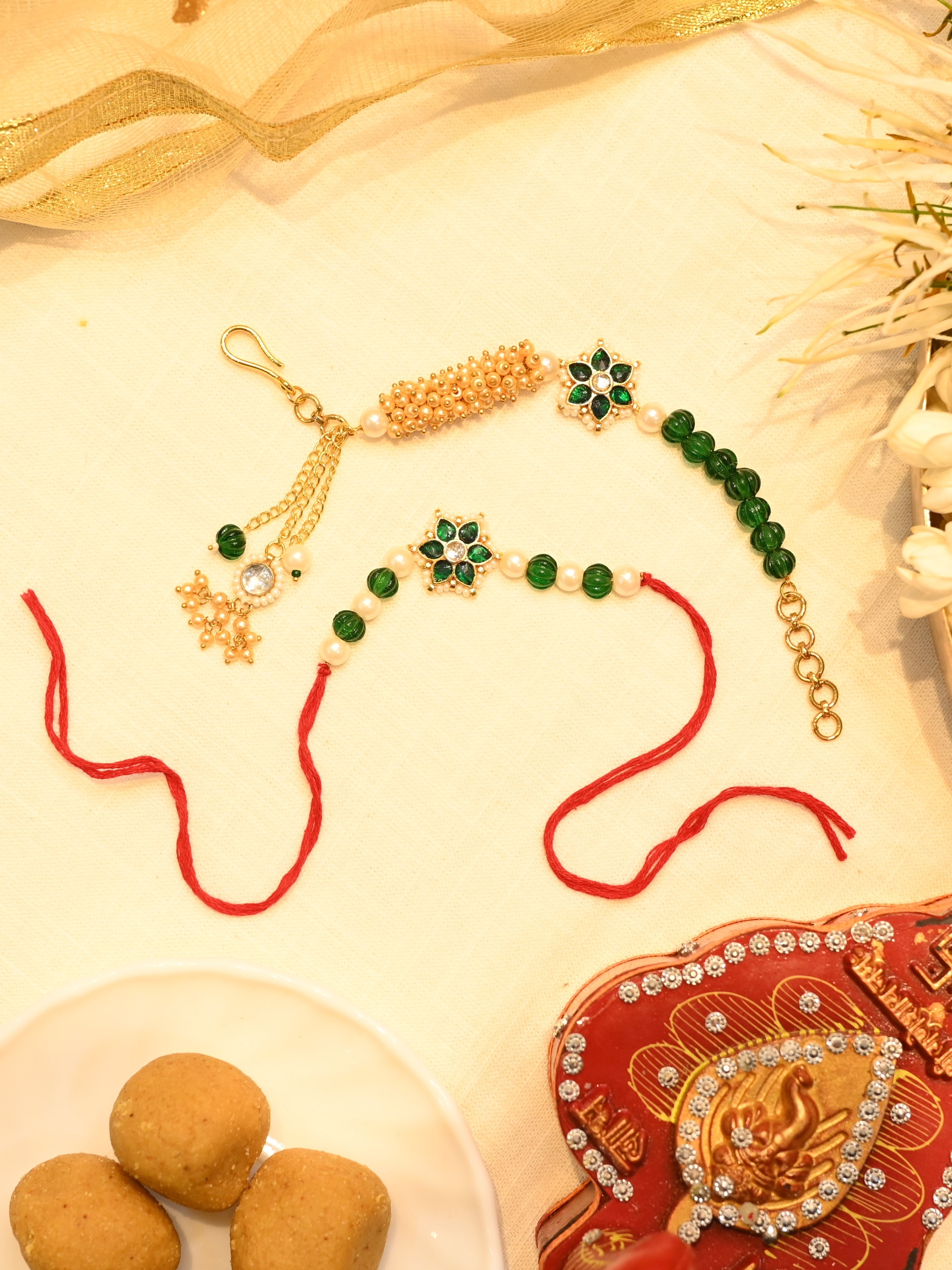 SJRB1002- Green and White Colour Gold Plated Jadau Kundan Couple Flower Motif Rakhi