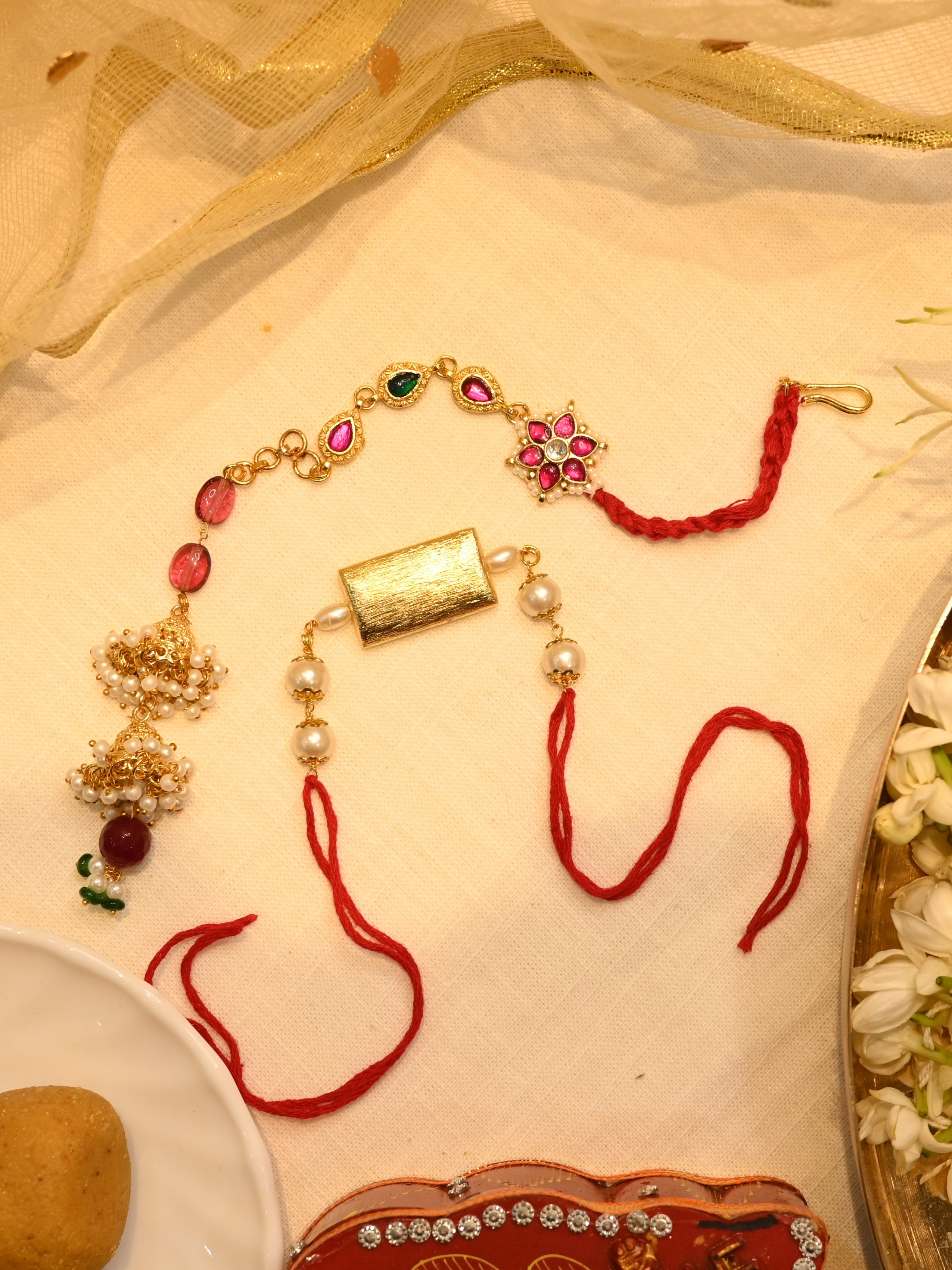 SJRB1006- Multi Colourt Gold Plated Jadau Kundan Couple Thread Rakhi