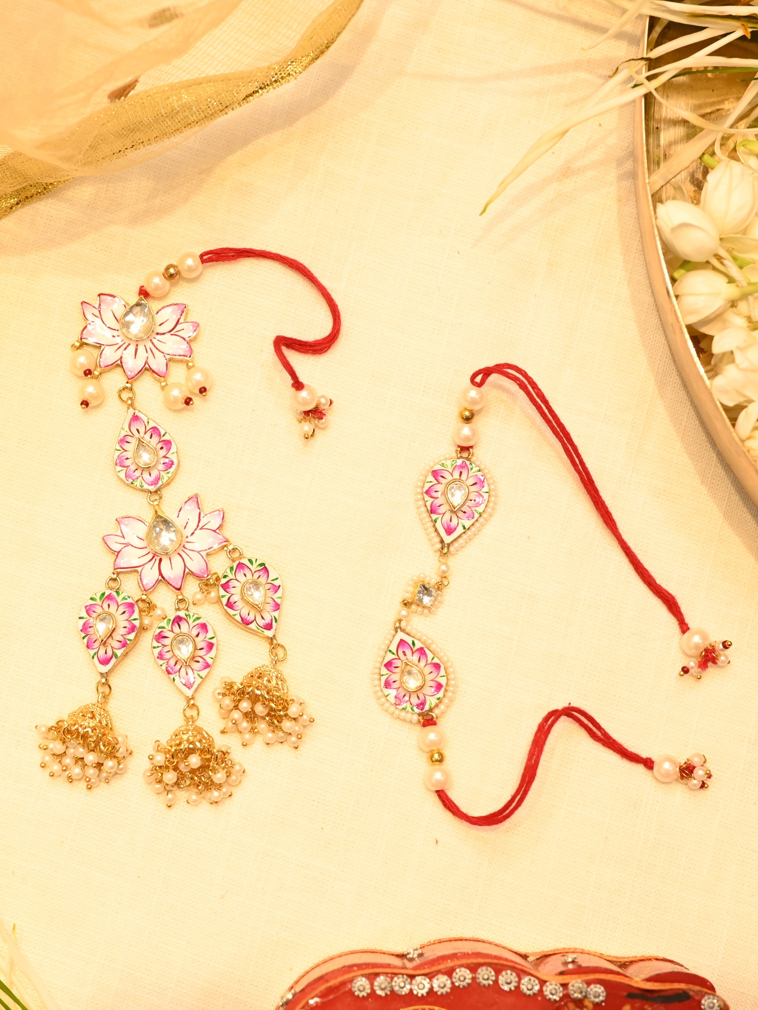 SJRB1008- Pink Colour Gold Plated Jadau Kudan Meenakari Couple Rakhi