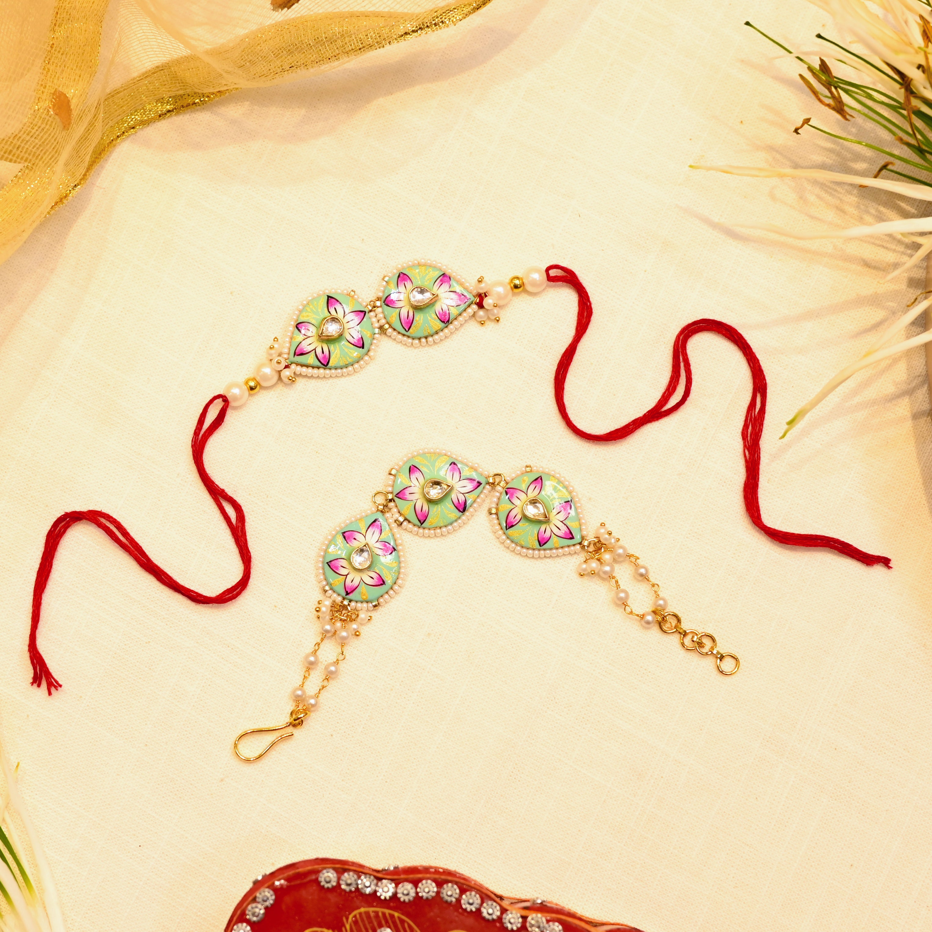 SJRB1009- Multi Colour Gold Plated Jadau Kundan Meenakari Couple Rakhi