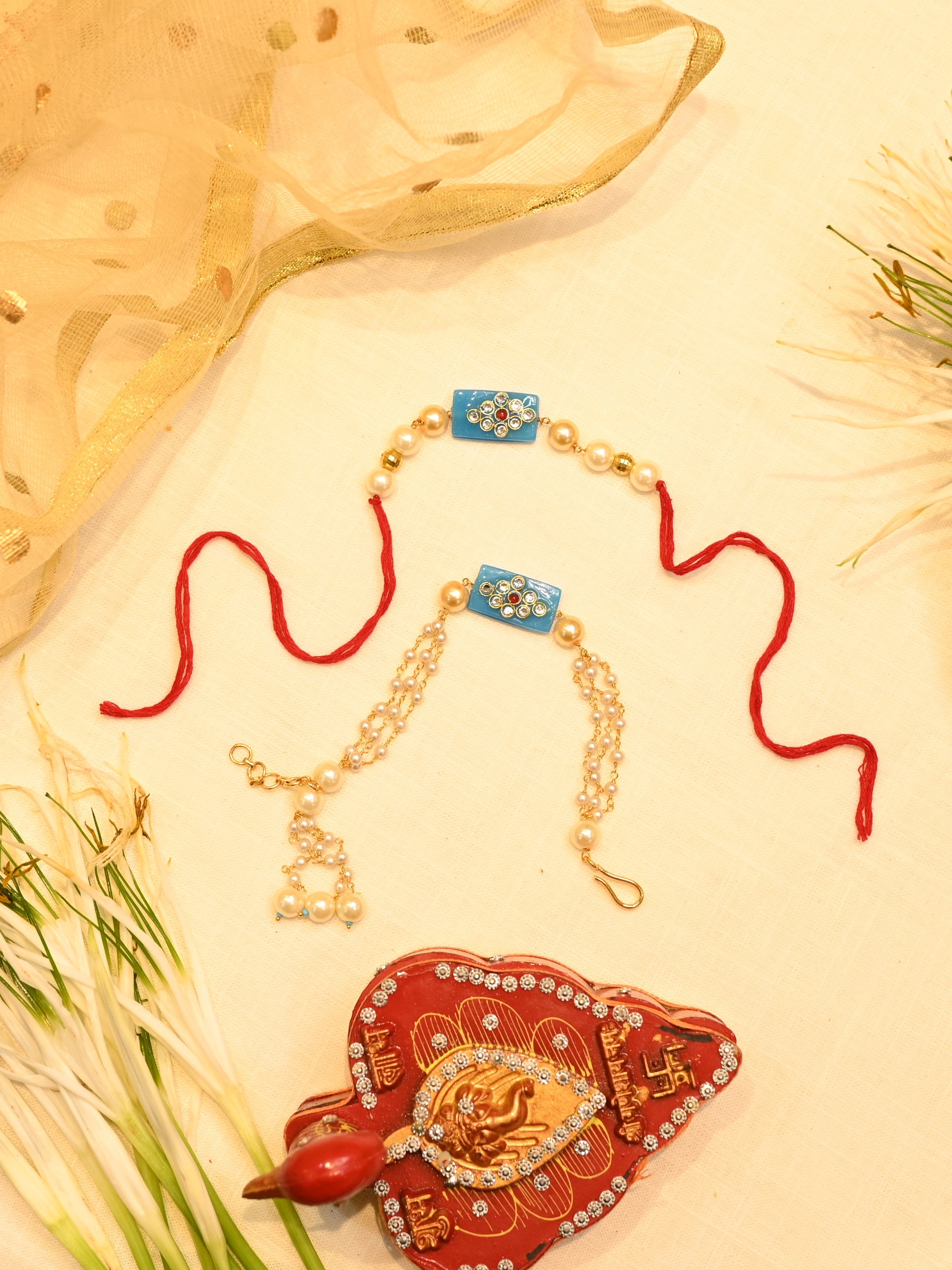 SJRB1010- Blue Colour Gold Plated Beaded Couple Rakhi