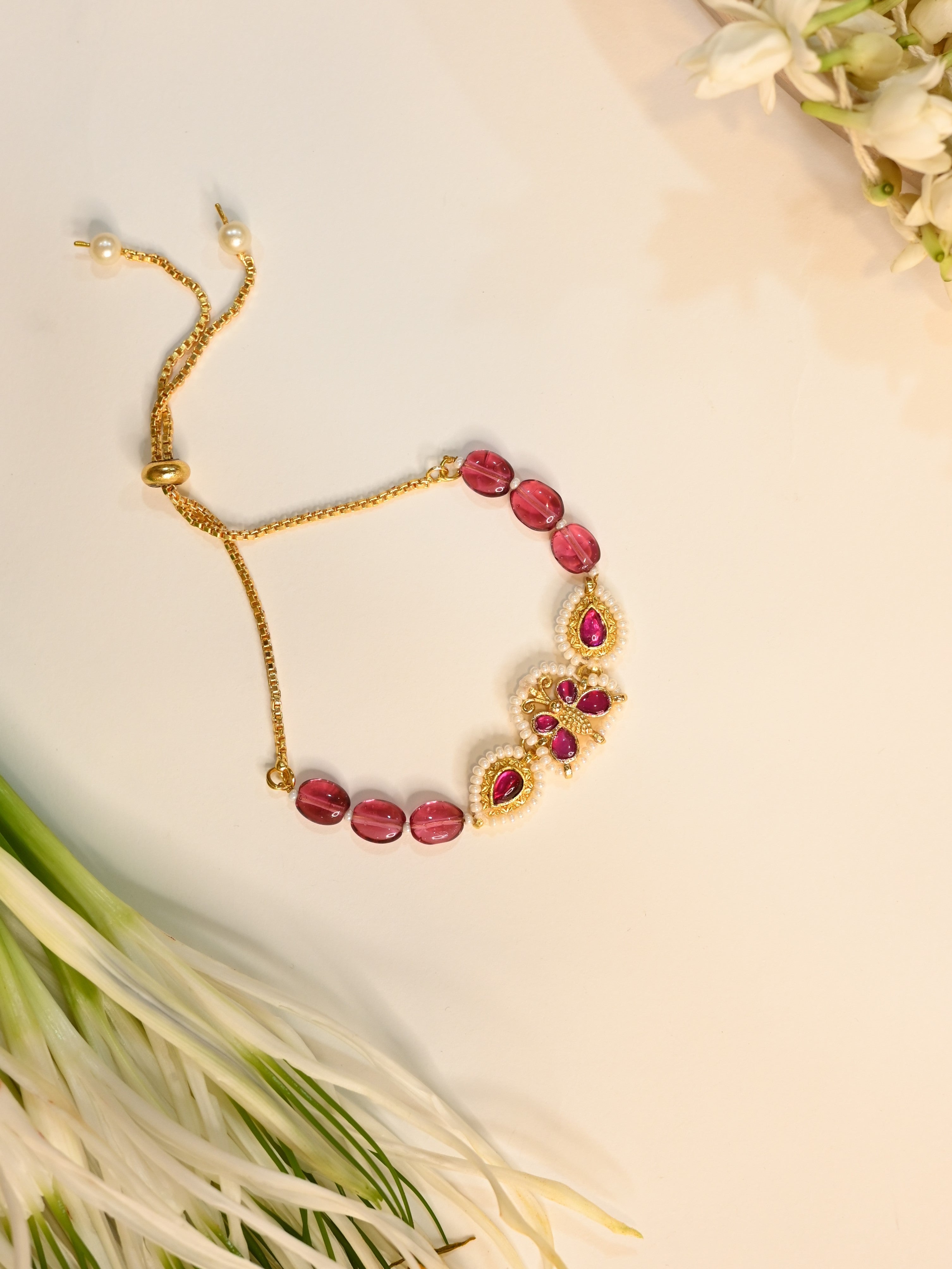 SJRB1021- Pink Colour Gold Plated Jadau Kundan Butterfly Motif Rakhi
