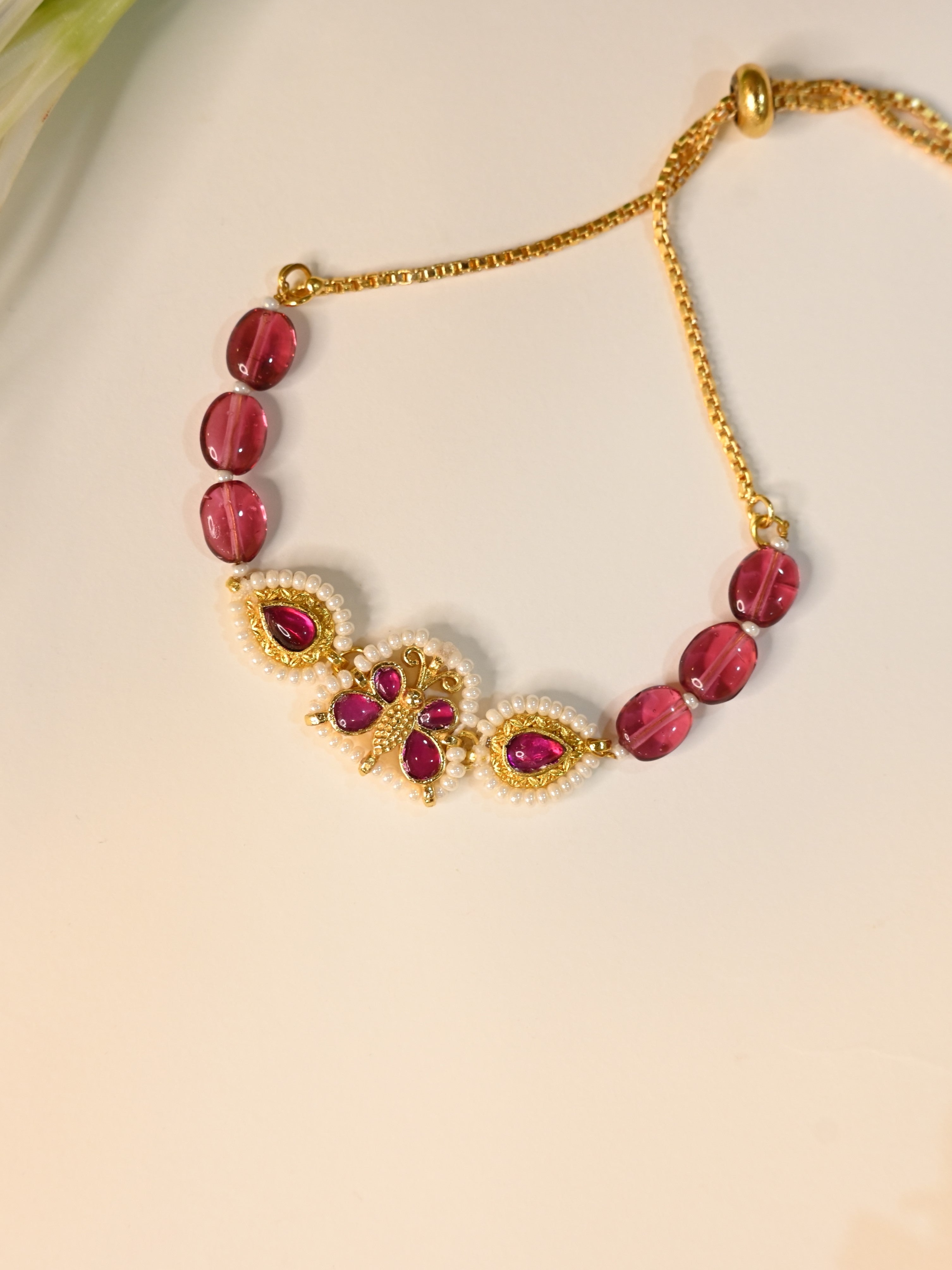 SJRB1021- Pink Colour Gold Plated Jadau Kundan Butterfly Motif Rakhi