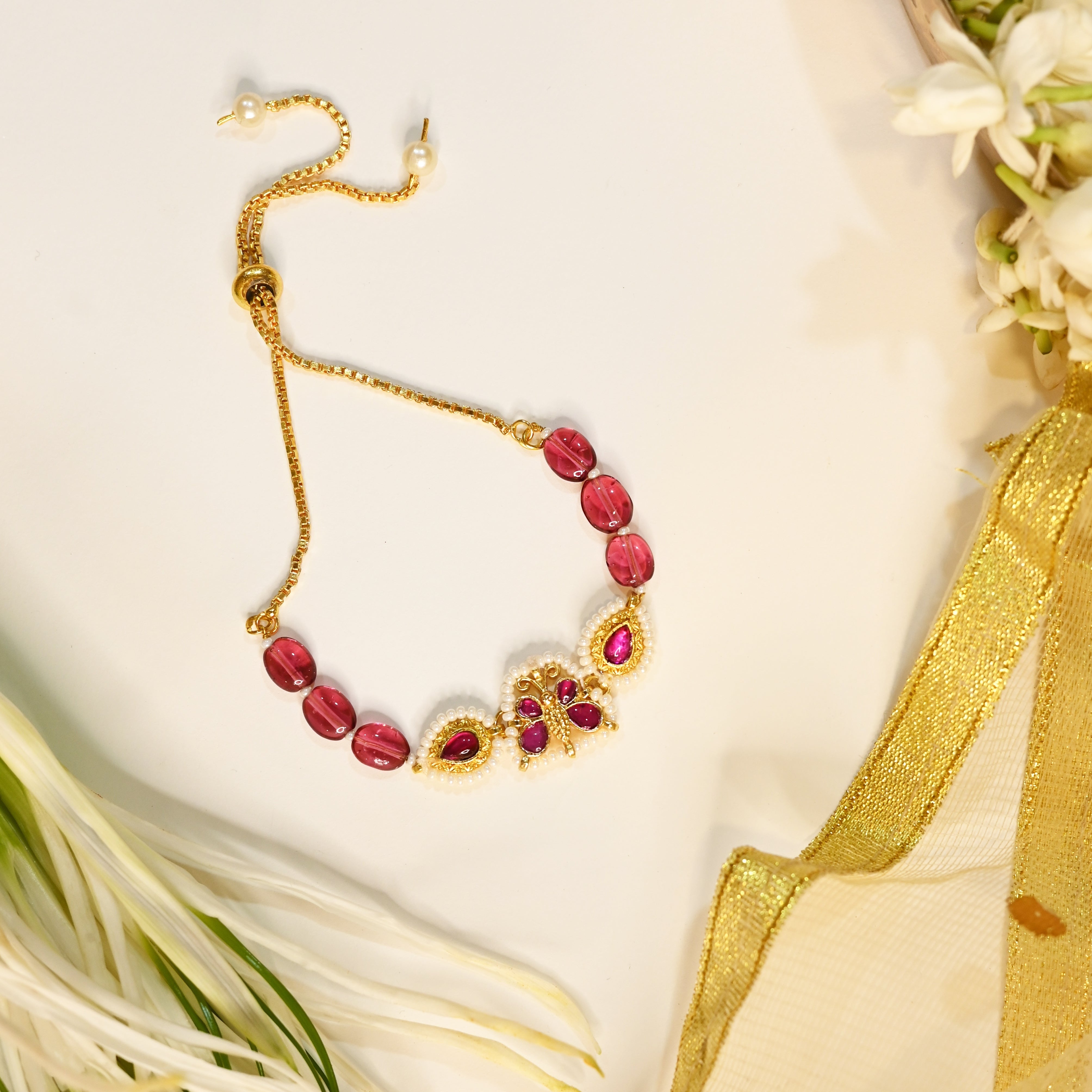 SJRB1021- Pink Colour Gold Plated Jadau Kundan Butterfly Motif Rakhi