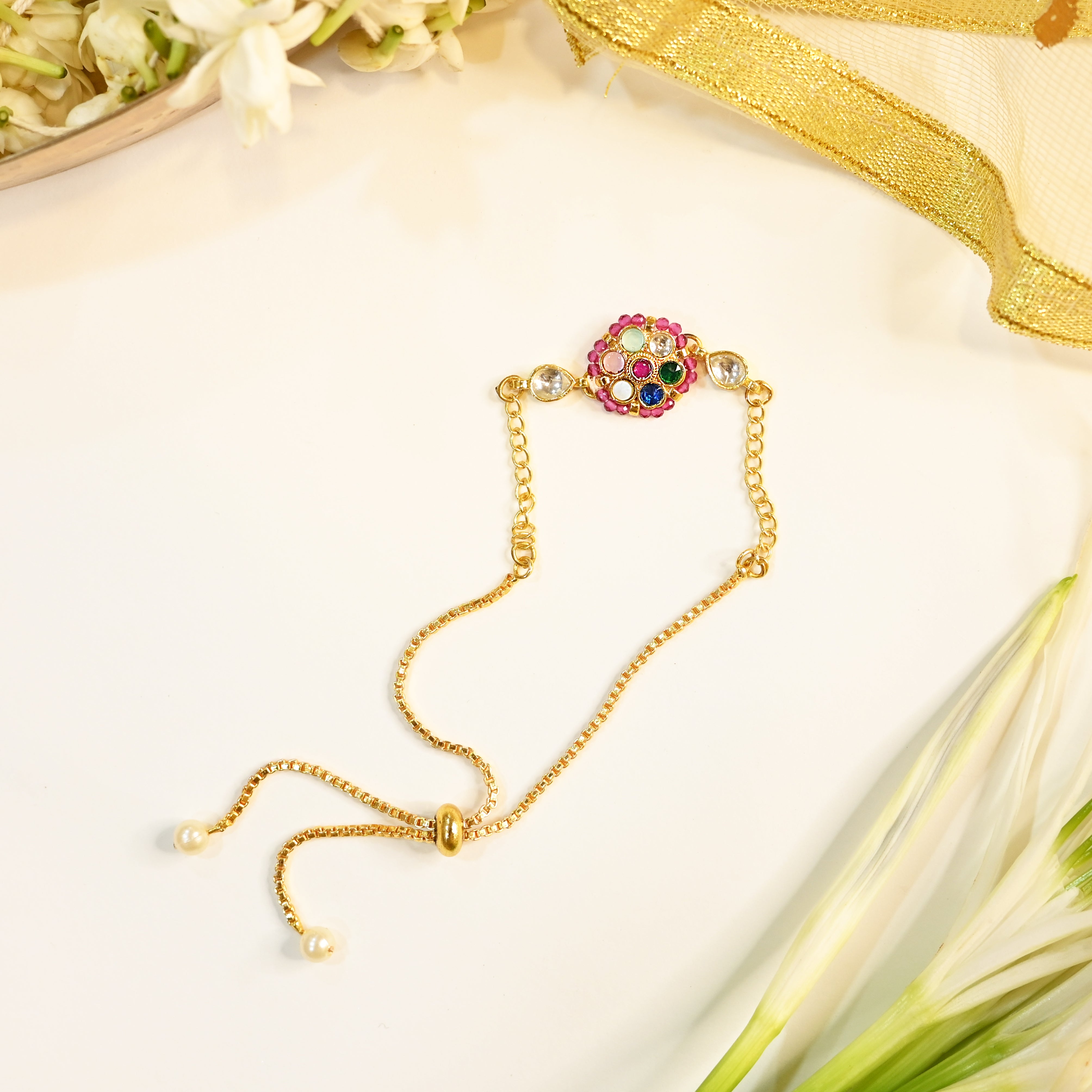 SJRB1033- Multi Colour Gold Plated Jadau Kundan Rakhi
