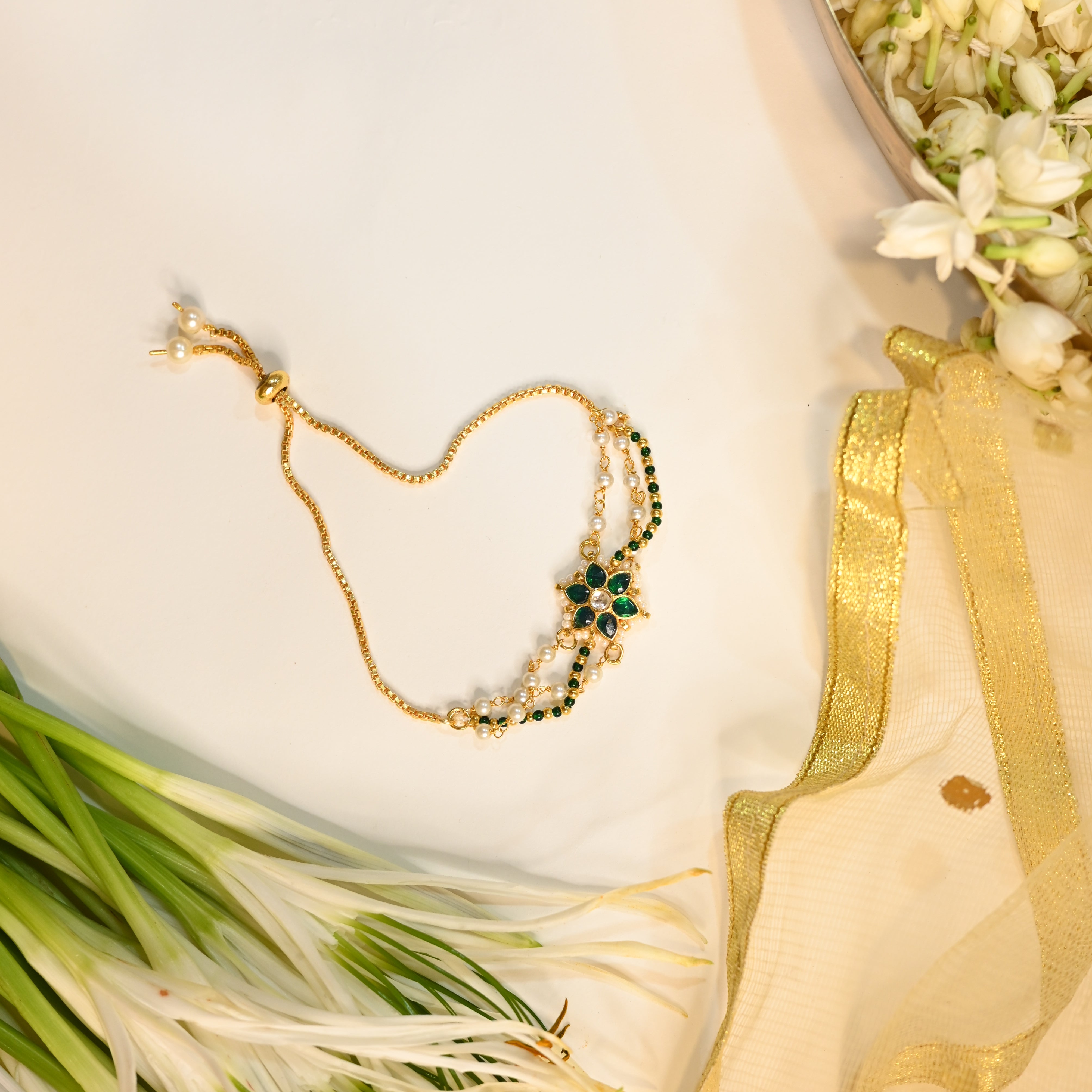 SJRB1034- Green and White Colour Gold Plated Jadau Kundan Rakhi
