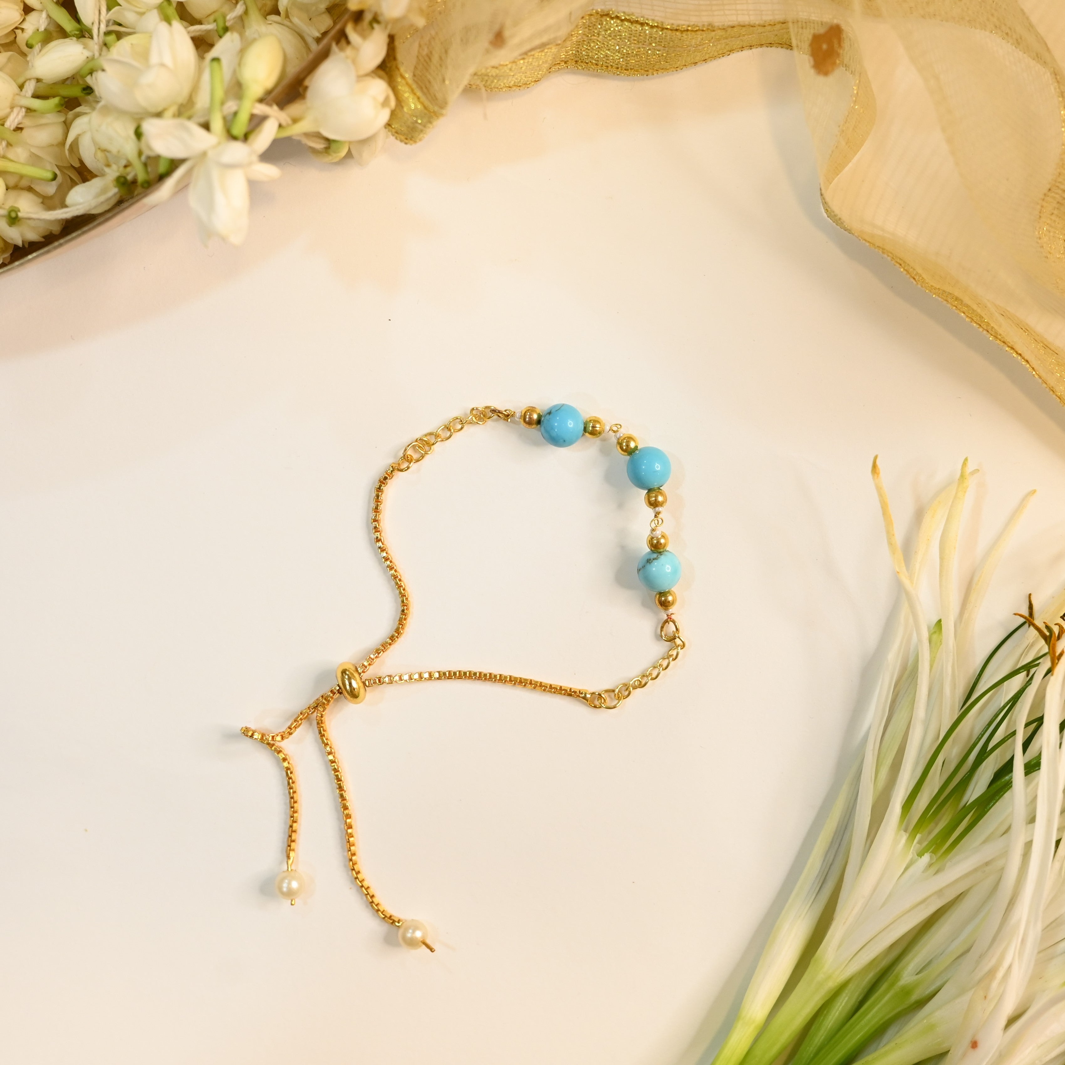 SJRB1026- Blue Colour Gold Plated Beaded Rakhi