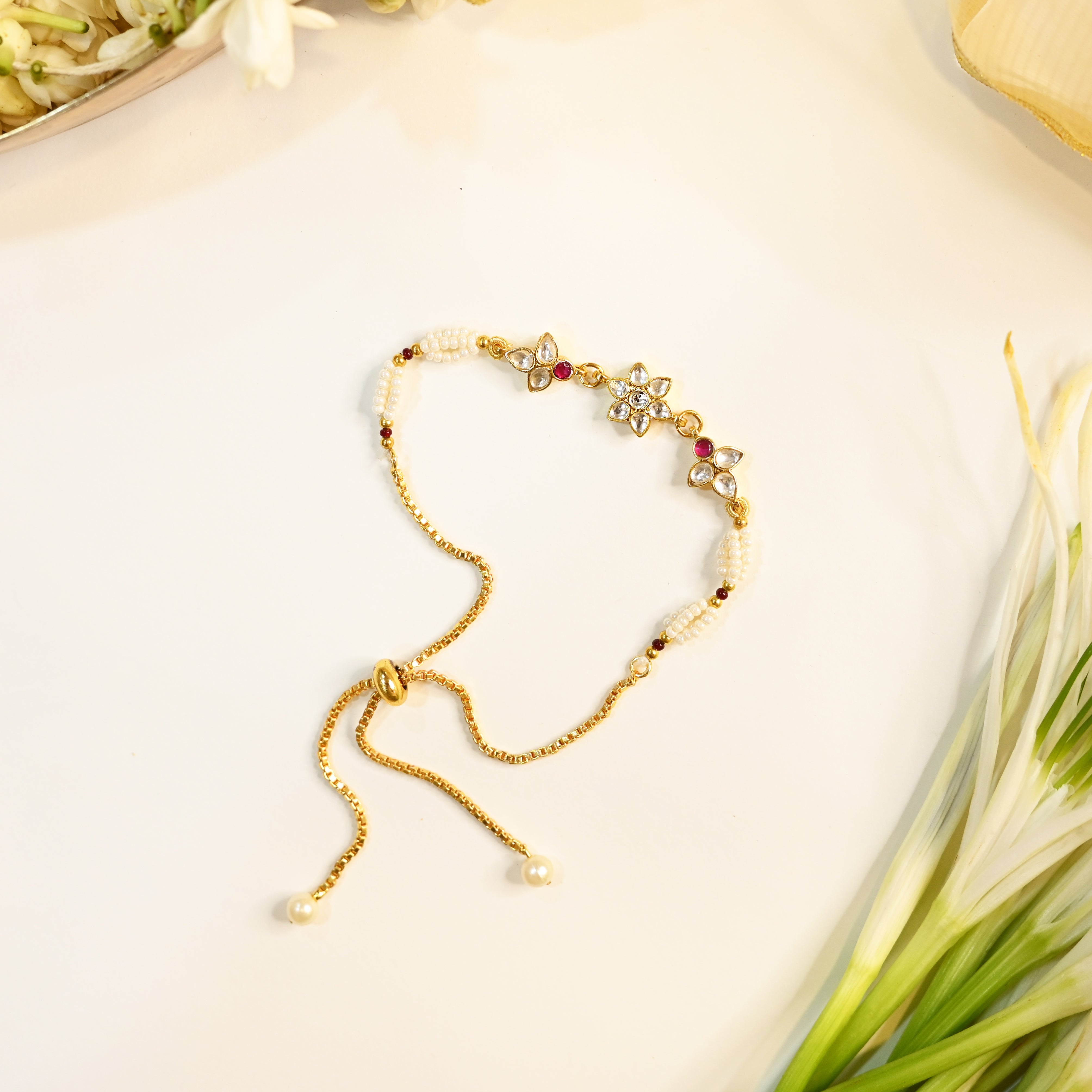 SJRB1031- White and Red Colour Gold Plated Jadau Kundan Rakhi