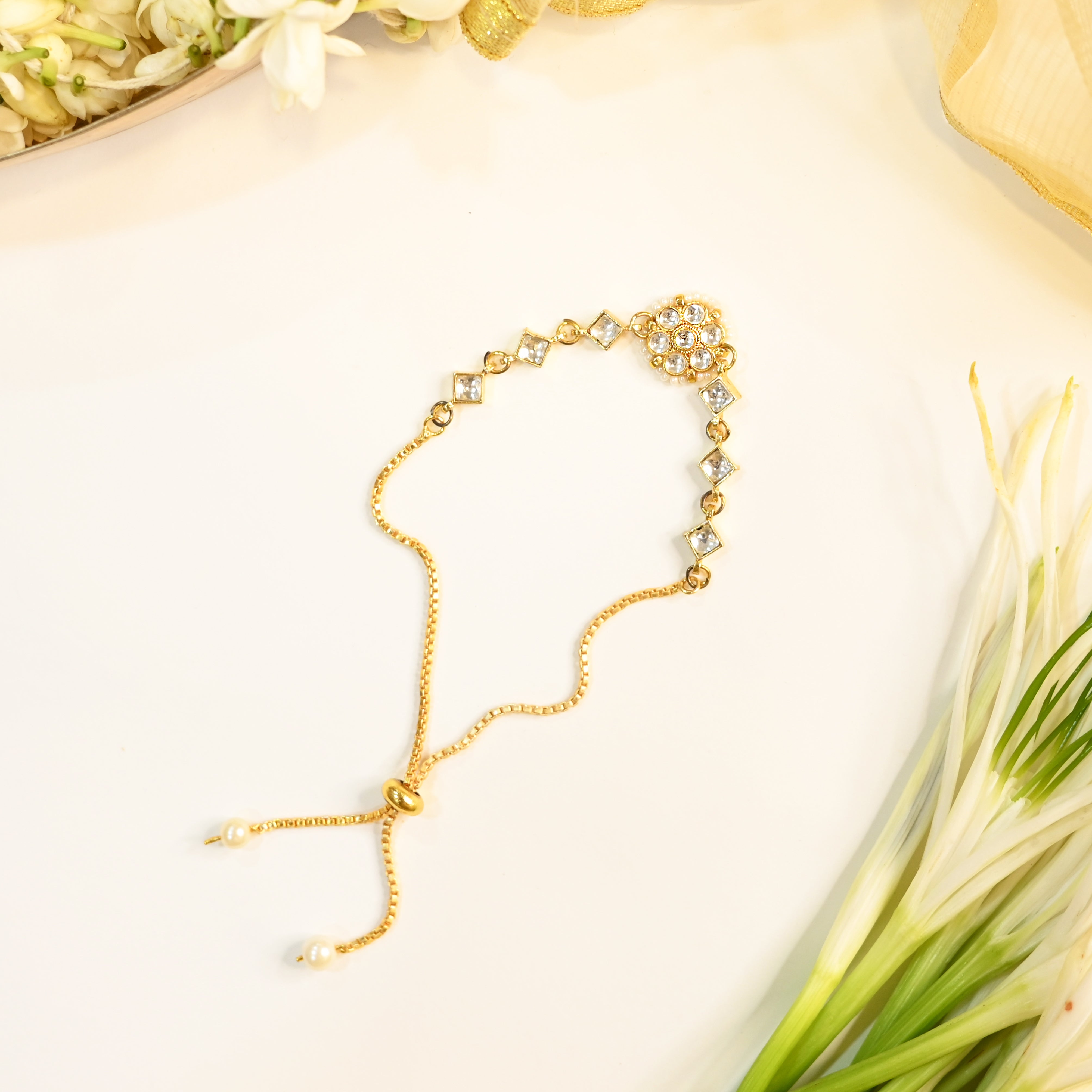 SJRB1028- White Colour Gold Plated Jadau Kundan Rakhi