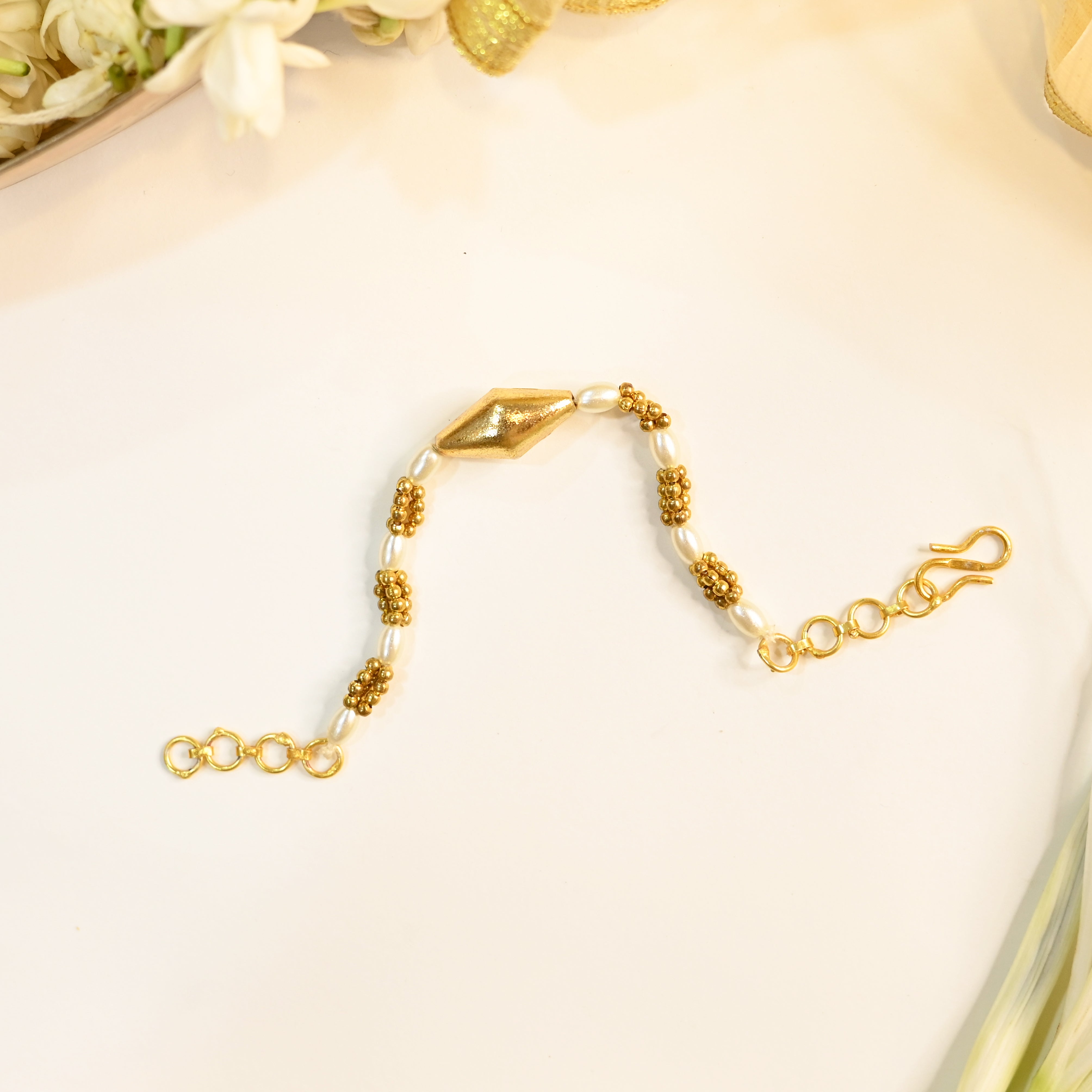 SJRB1022- Gold and White Colour Beaded Rakhi