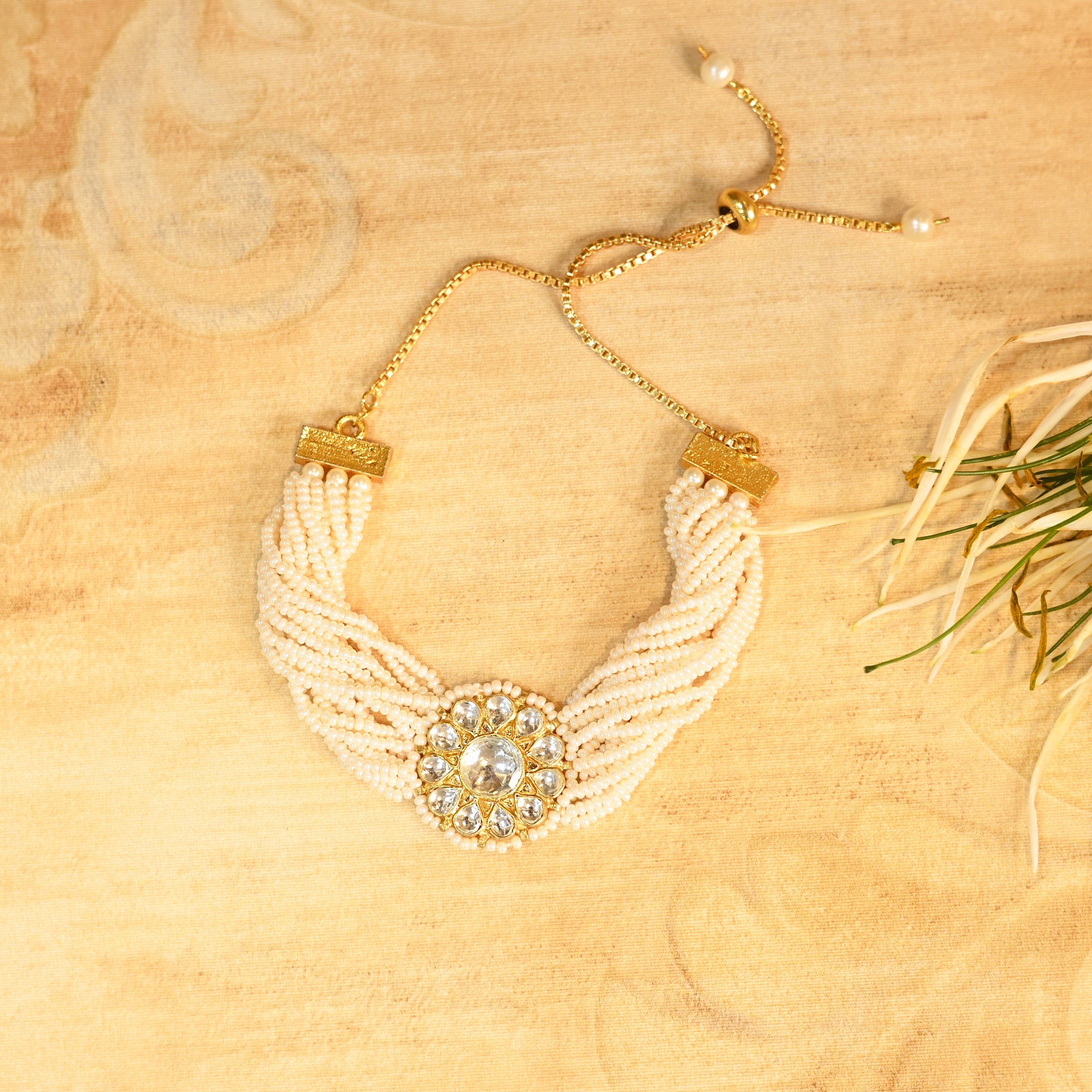SJRB1016- White Colour Gold Plated Jadau Kundan Rakhi