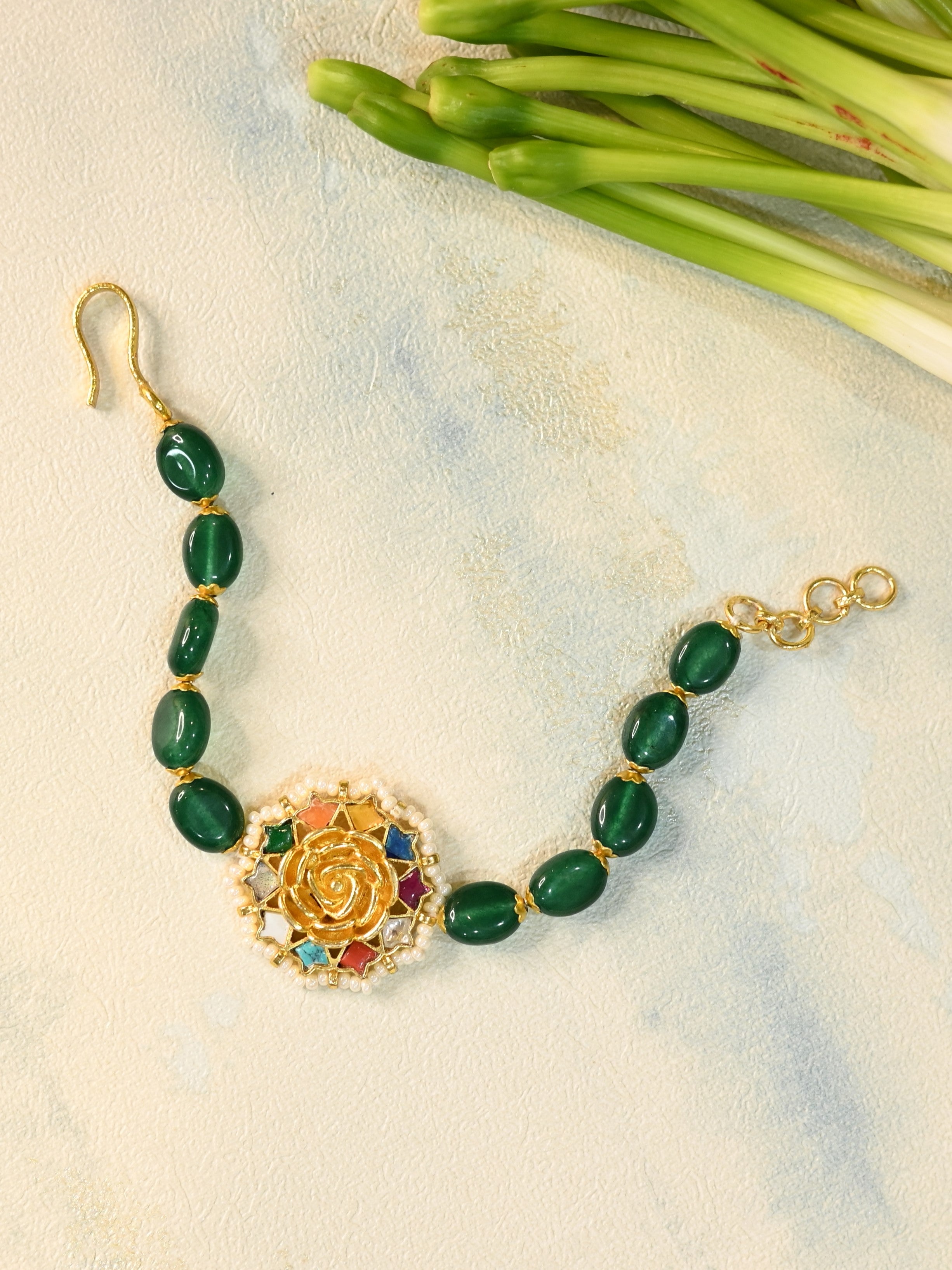 SJRB1020- Multi Colur Gold Plated Jadau Kundan Flower Motif Rakhi