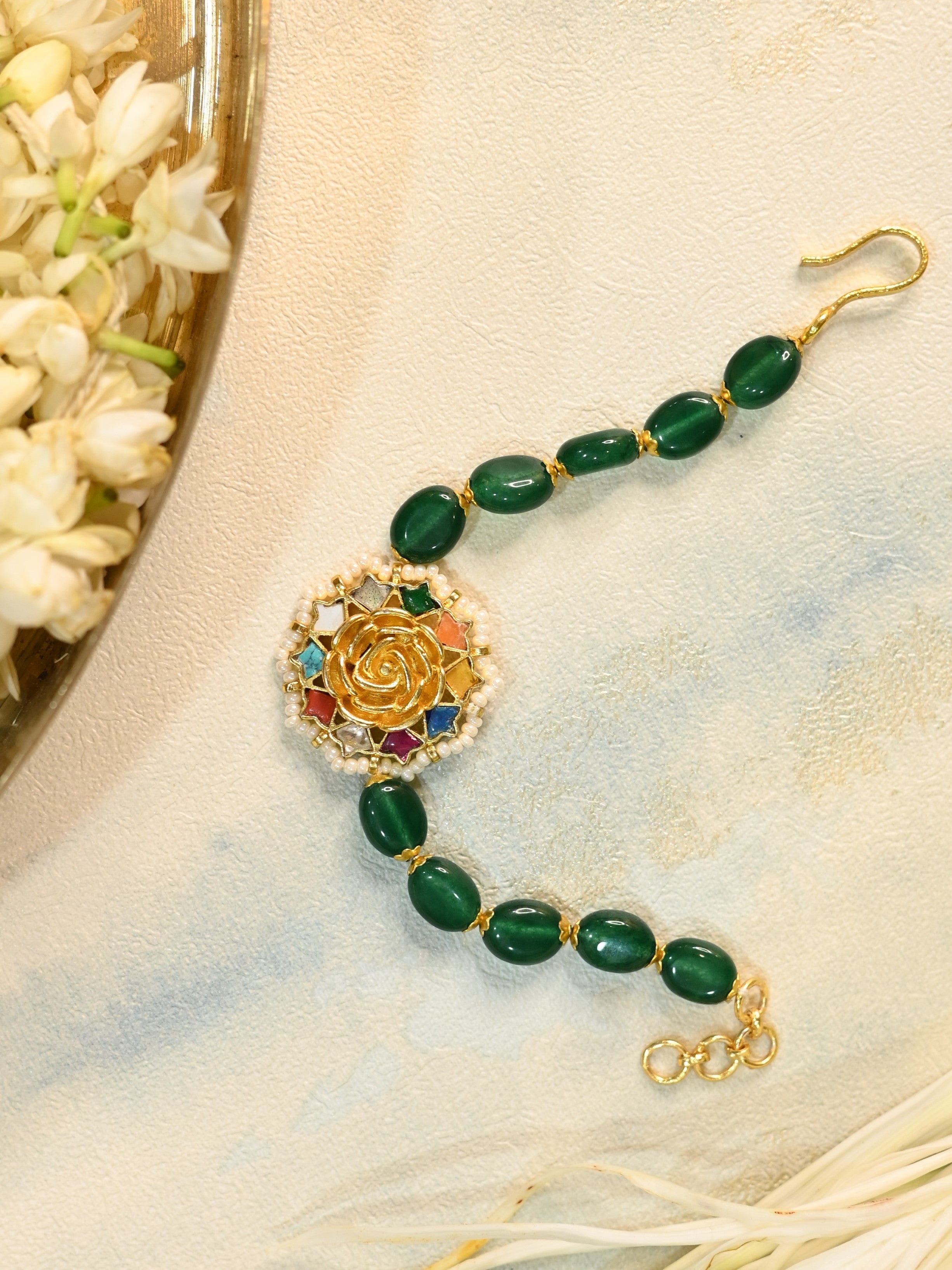 SJRB1020- Multi Colur Gold Plated Jadau Kundan Flower Motif Rakhi